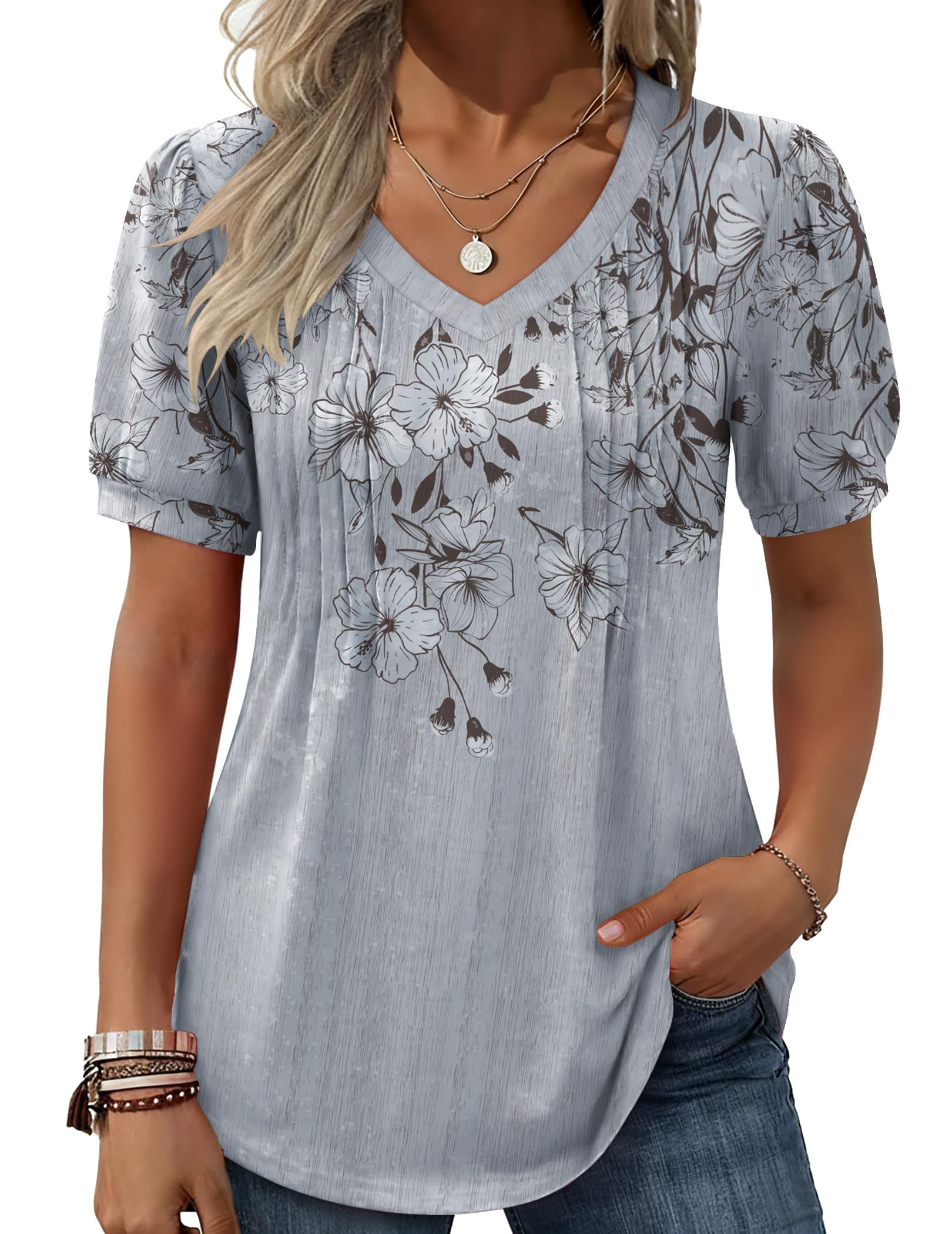 Zeagoo Blusa de verano de manga corta abombada para mujer, estilo bohemio, informal, cuello en V, floral, lisa, plisada