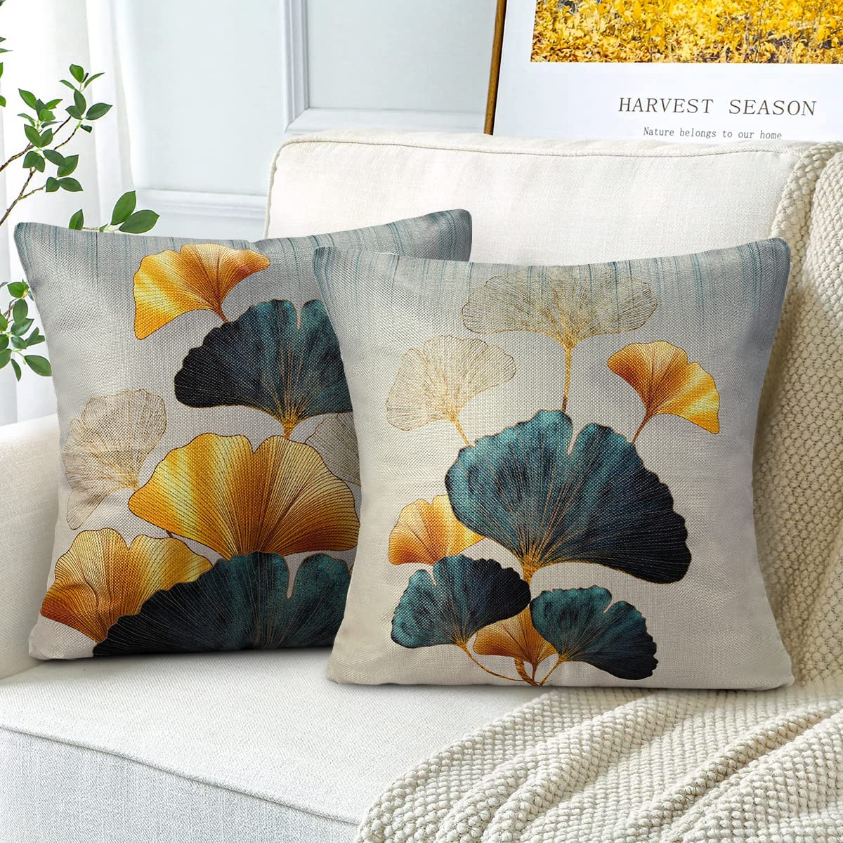 Fodera per Cuscini 40x40 Lino Ottanio oro Ginkgo Decor Federe Cuscini Divano Federe Copricuscini per Cortile Esterno Giardino Patio Letto Soggiorno Balcone Giungla Decorazione Rustica Set di 4