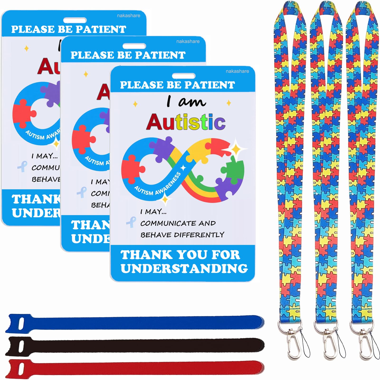 Autism Safety Tag Card with Loop Fastener Strips, Tag for Travel Communication (Pack of 3 Sets)