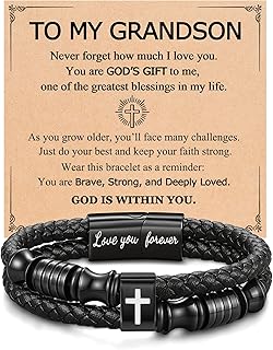 UNGENT THEM Leather Cross Bracelet for Son Grandson Husband Brother-Christmas Christian Gifts for Men Teen Boys