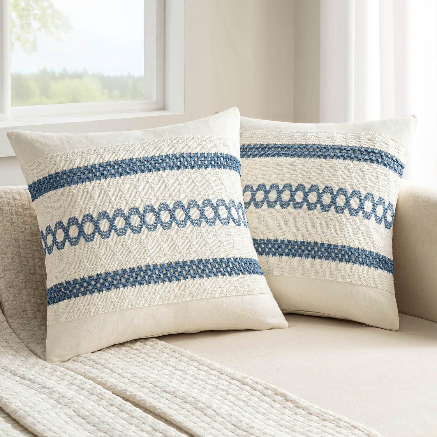 MIULEE Set of 2 Coastal Blue Boho Decorative Pillow Covers 18x18 Inch