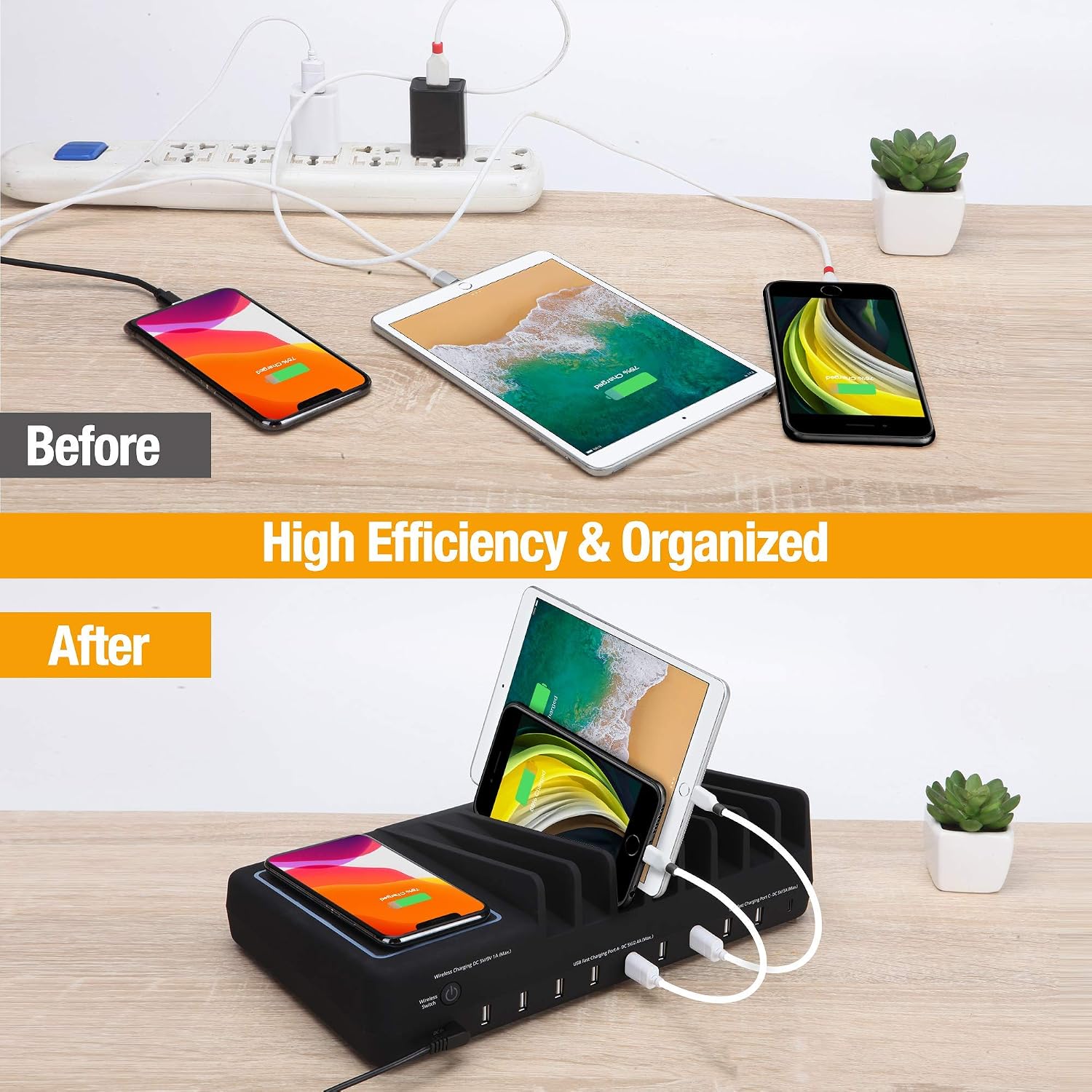 Top Rated AVLT 10 Port 90W USB Type-A USB-C Fast Charging Station Organizer with 10W Qi Wireless Charging Dock - Compatible with Apple iPhone, iPad, Smartphone, Tablet and Others