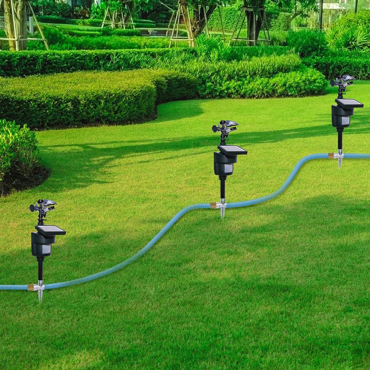 Lawn & Garden Solar Motion Sensor Sprinkler - 360 Adjustable, Green Metal, Modern Style - Repels Cats, Rabbits, Birds, Dogs