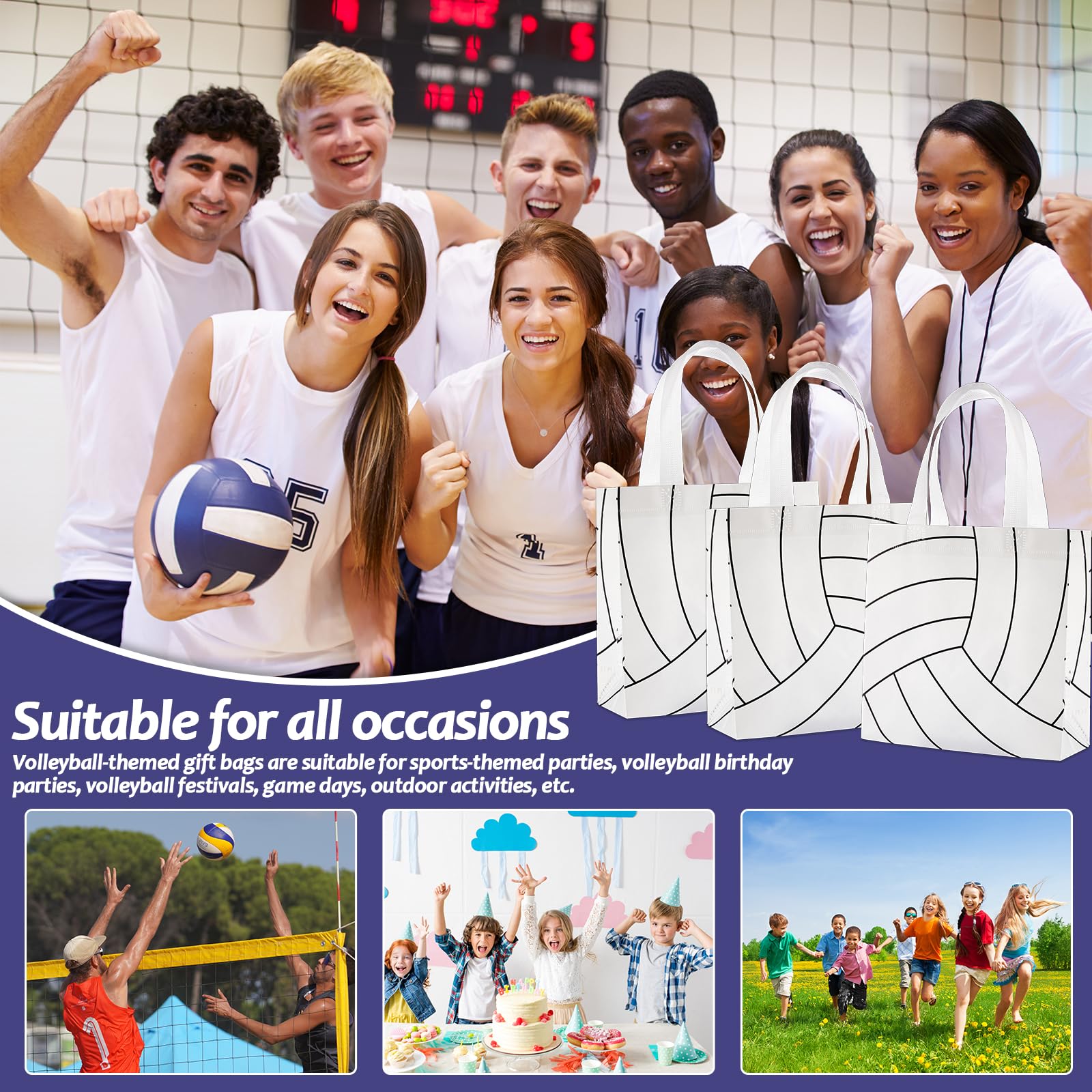 24Pcs Volleyball Gift Bags With Handles Bulk Sport Theme Treat Candy Bags Volleyball Team Present Non Woven Goodie Snack Favor Bag for Sport Boys Birthday Party Favor Baby Shower Decorations Supplies
