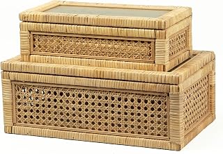 Rattan Display Box for Home Decor with Lid - Rectangular Coastal Bohemian Style Stackable Decorative Storage Box Set - Handmade from Natural Rattan, Cedar & Real Glass