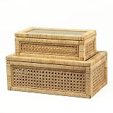 Rattan Display Box for Home Decor with Lid - Rectangular Coastal Bohemian Style Stackable Decorative Storage Box Set - Handmade from Natural Rattan, Cedar & Real Glass