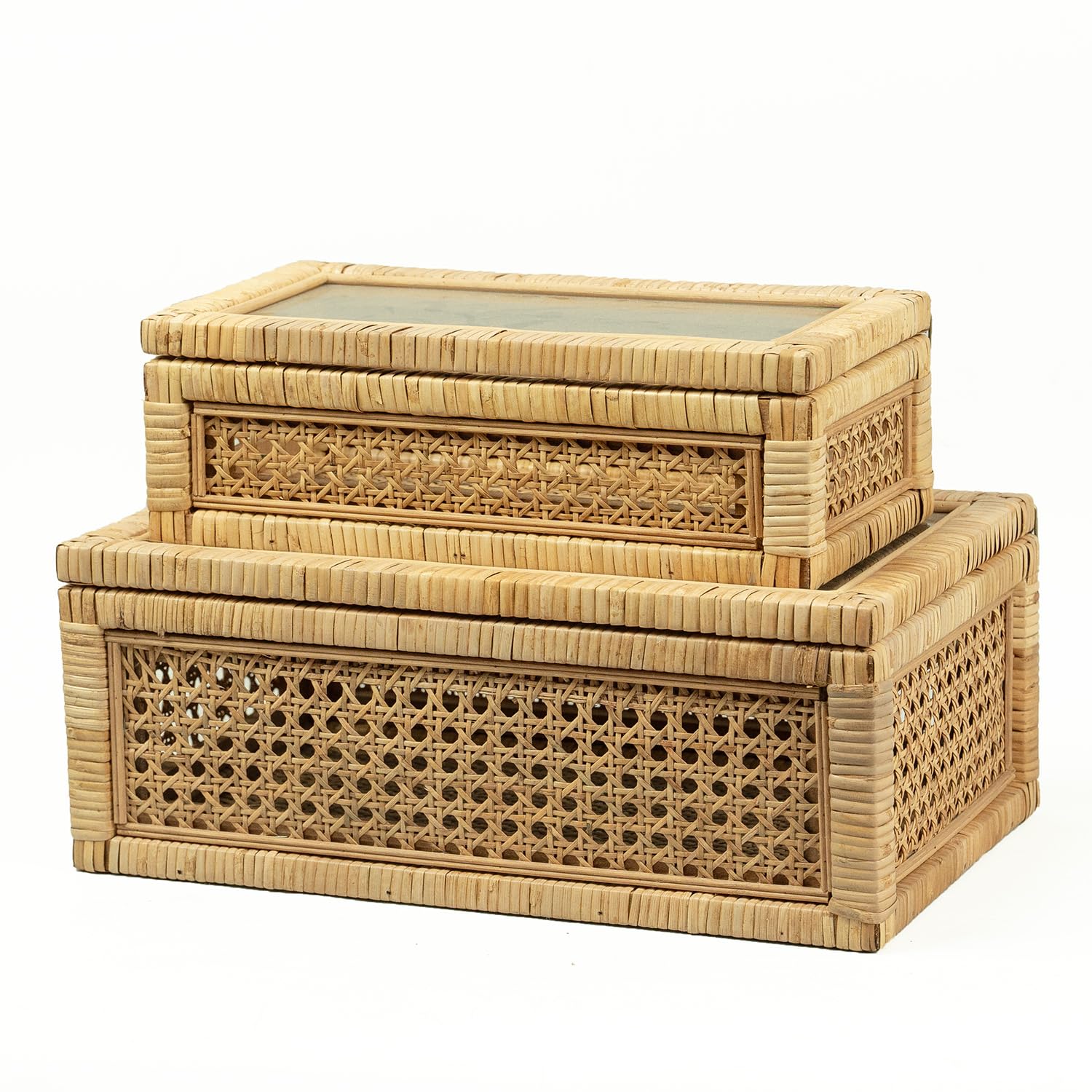 Photo 1 of ** SOLD AS IS, NO REFUND/RETURN** SEE COMMENTS!
BOMINGHOME Rattan Display Box for Home Decor with Lid - Rectangular Coastal Bohemian Style Stackable Decorative Storage Box Set - Handmade from Natural Rattan, Cedar & Real Glass