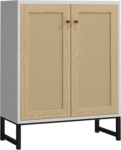 Panana Ratán decorado 2 puertas Gabinete de almacenamiento Gabinete de acento Sala de estar Armario Cocina Aparador Buffet Mesa (blanco)