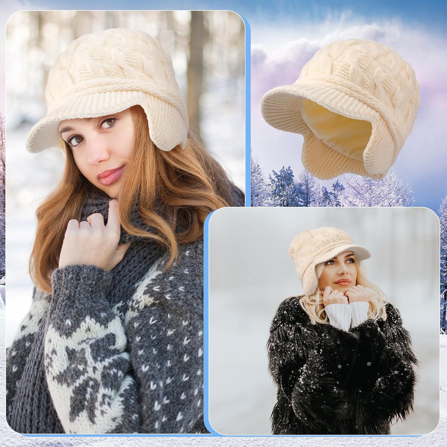 Jenaai Winter Beanie with Brim and Earflap for Woman Outdoor Warm Thermal Knitted Hat for Women Men Cold Weather - Image 3