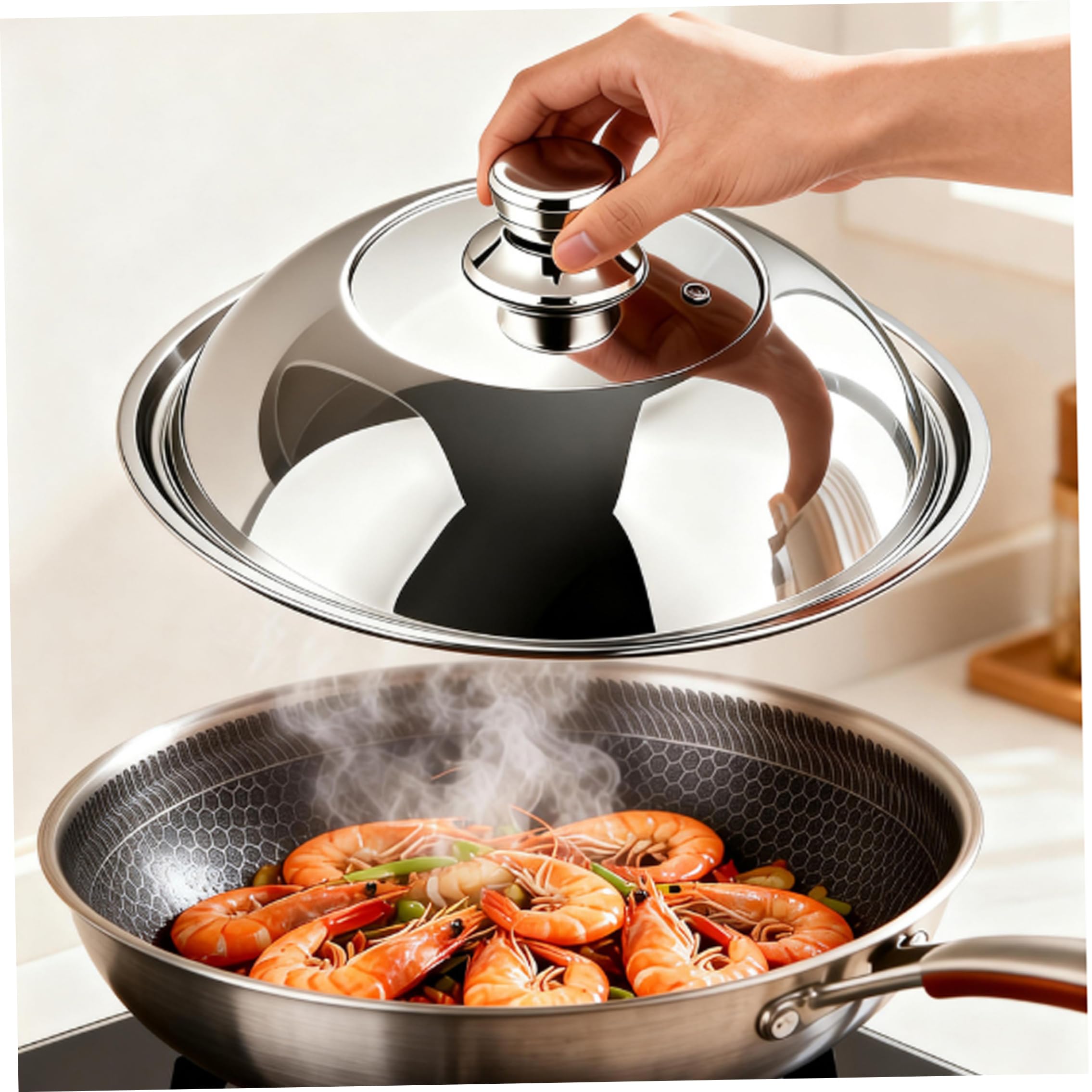 Copertura per Wok, copertura per imbastitura in acciaio inossidabile 304 a cupola alta, coperchio per Wok adatto a pentole interne da 32-33, 5 cm, argento