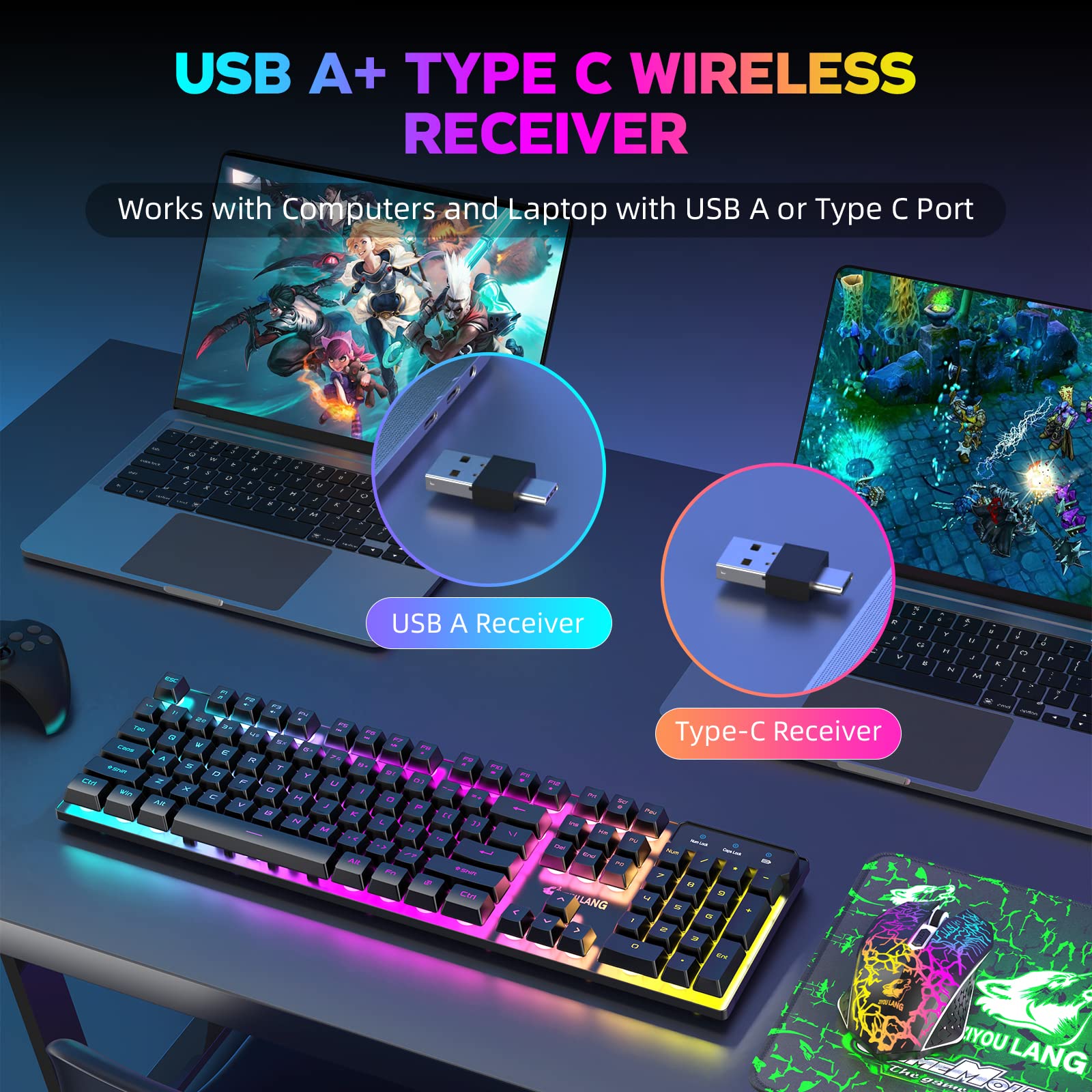 T3 Drahtlose Tastatur Maus Combo, orange beleuchtete 2.4G wiederaufladbare mechanische Feel Gaming-Tastatur + 2400DPI 6 Tasten Optische LED-Gaming-Maus + kostenlose Gaming-Mauspads (schwarz/orange)