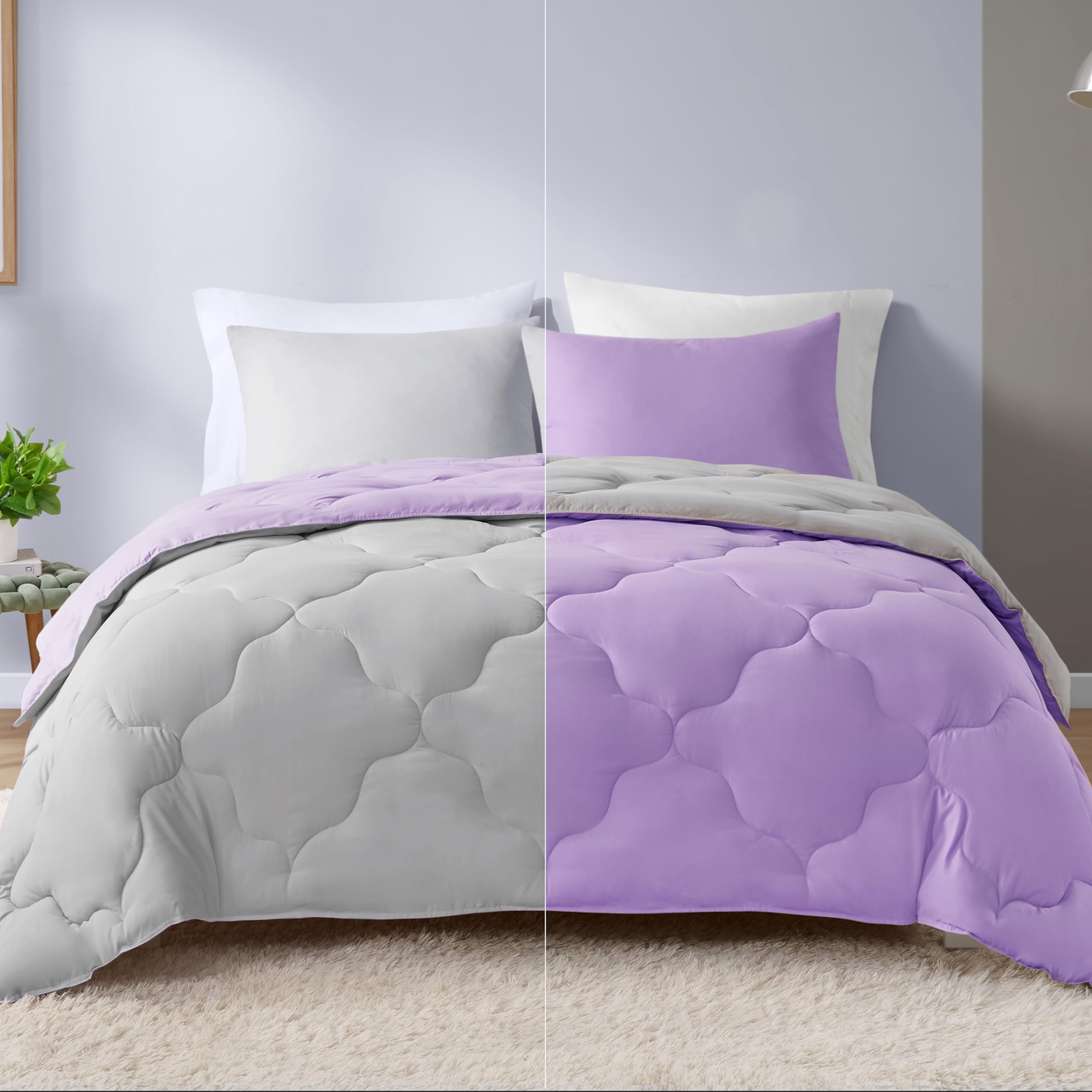 Comfort Spaces Vixie Reversible Comforter Set - Trendy Casual Geometric Quilted Cover, All Season Down Alternative Cozy Bedding, Matching Sham, Lavender/Gray, Full/Queen 3 piece