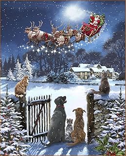 35" New Fabric Panel - David Textiles Digital Dogs Santa Claus Sleigh Christmas - Fabric for Crafts by Alina Natetkova