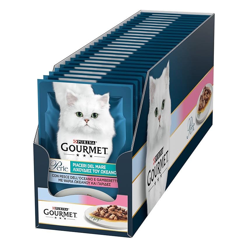 Immagine del prodotto Purina Gourmet Perle Piaceri del Mare Filettini in Salsa Cibo Umido per Gatti con Pesce dell'Oceano e Gamberetti, 26 buste da 85g, 1 Unità (Confezione da 26)