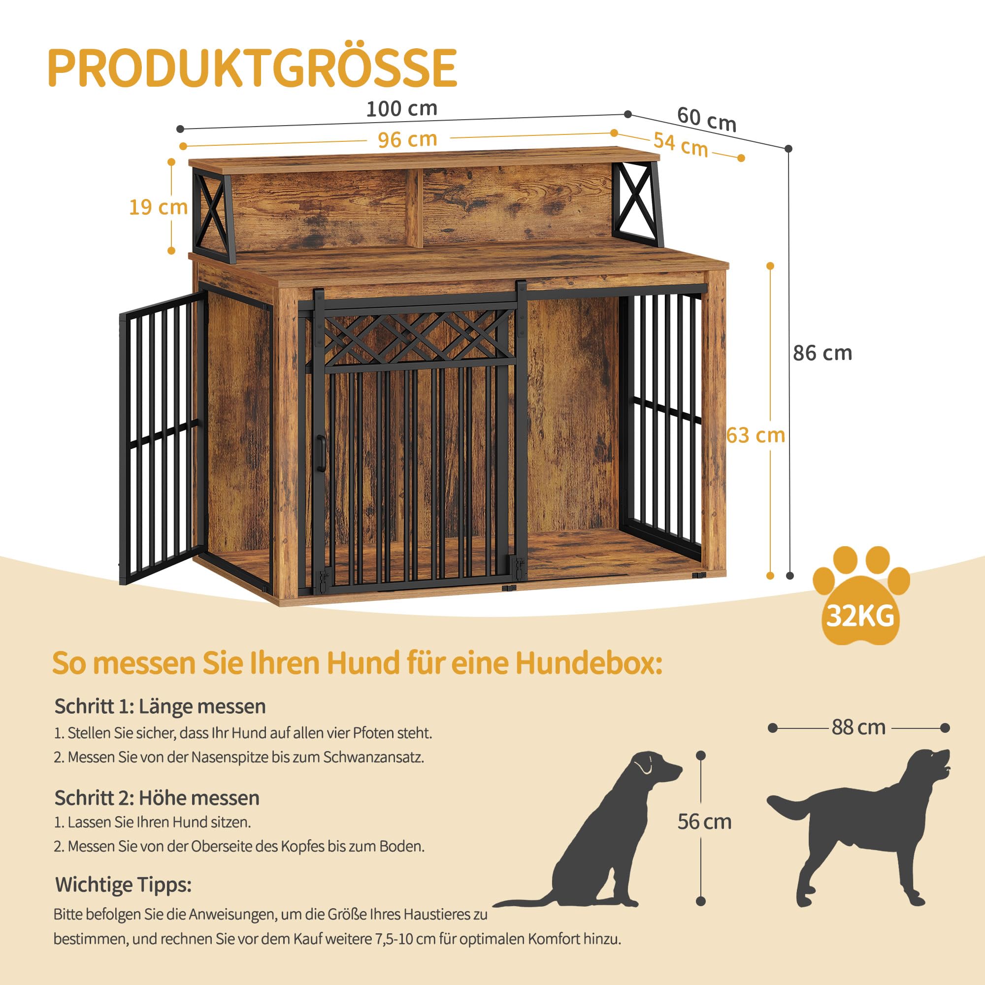 Hzuaneri Hundekäfig Möbel mit Lagerregal, Dreitürige Hundebox für Zuhause, Indoor Kennel mit Scheunentür, Beistelltisch, Geeignet für Mittlere/Große Hunde, 100 x 60 x 86 cm, Vintage Braun DFC87401B