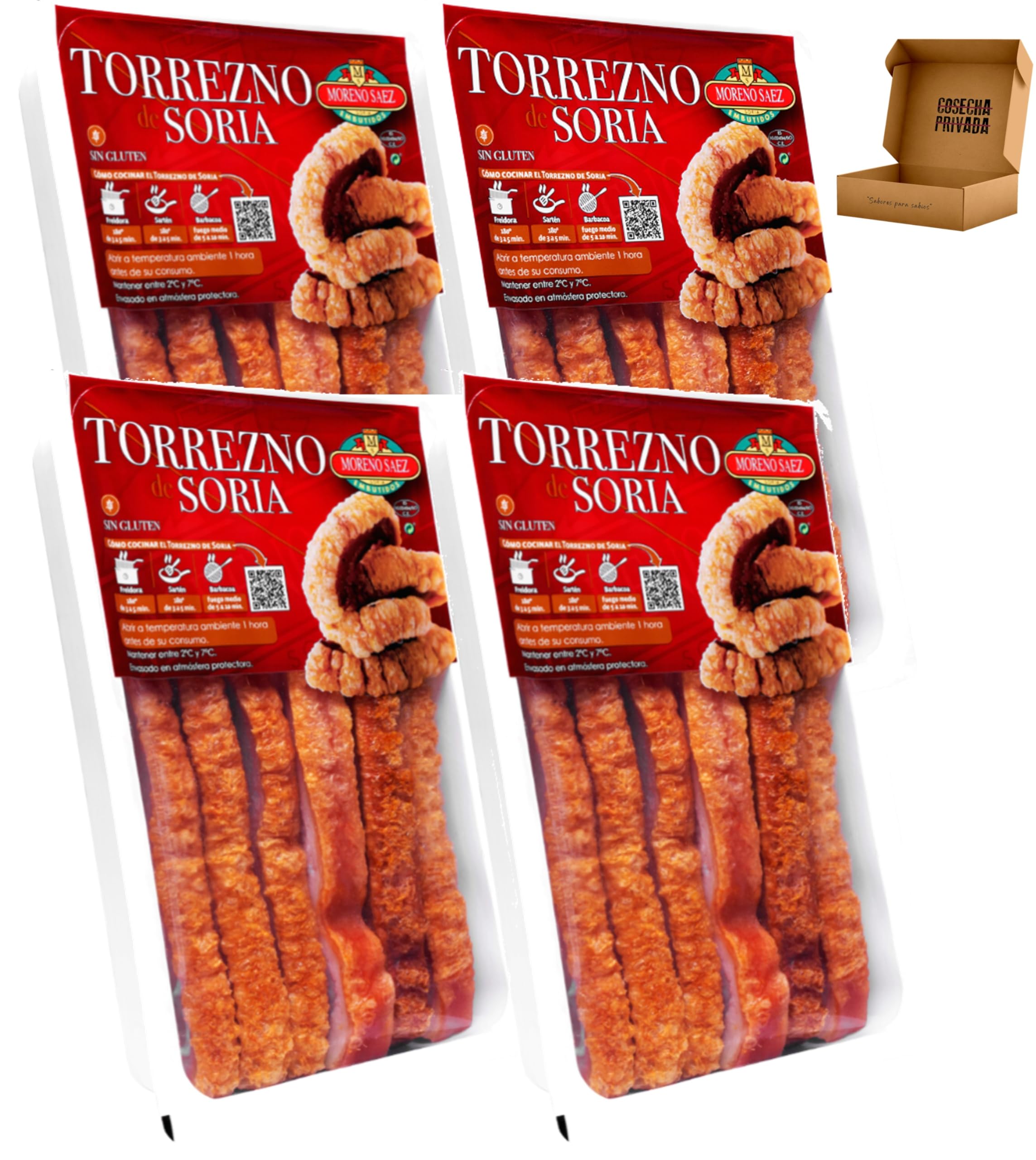 Torreznos de Soria Preparados - Envío 24 h - Listo para Freir -Panceta Semicurada y Adobada- Fácil de preparar. Medalla de Oro -Seleccionados por Cosecha Privada (4 x Pack 400g)