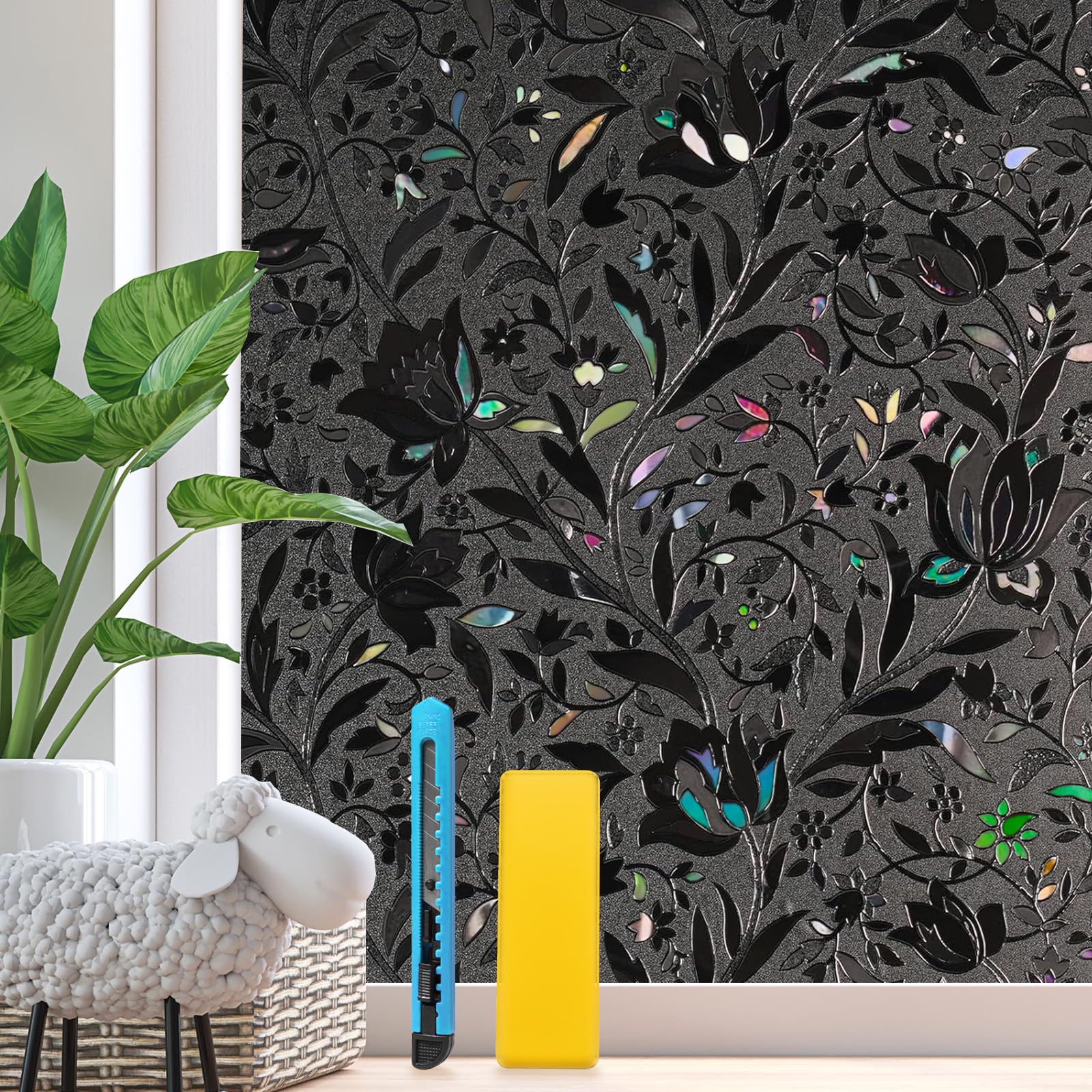 Zindoo Fensterfolie Blickdicht 3D Ohne Klebstoff Lichtdicht Verdunkelungsfolie Sichtschutzfolie Blumen Tulpe Privatsphäre Schutz Fenster Folie für Heim Kueche Buero 59.5 x 200cm