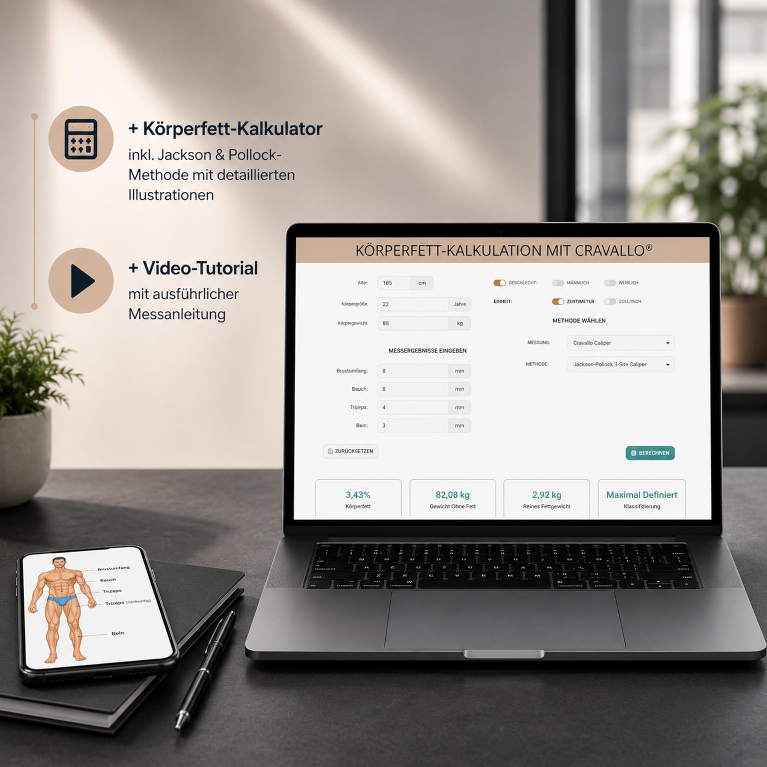 Caliper I Körperfettmessgerät I Fettmesszange I Fettzange I Fettmesszange I KfA-Zange I Body Fat Measure I Unkompliziert und mit Video Anleitung I Körperfettmesser zum messen von Körperfett