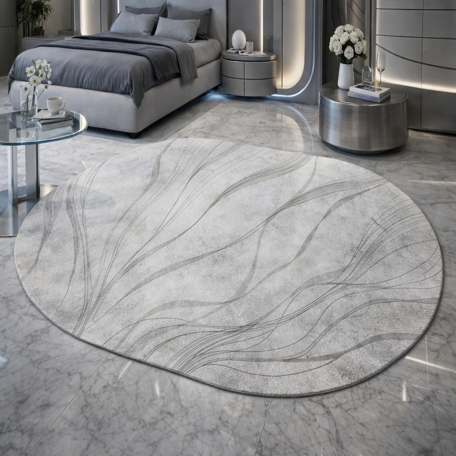 Tapis salon abstrait moderne gris aux finitions soignées