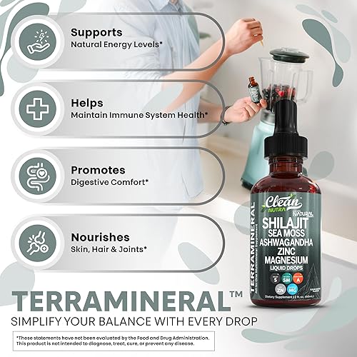 Miniatura 5 de Clean Nutraceuticals Shilajit - Gotas líquidas con musgo marino, ashwagandha, zinc, magnesio, vitaminas líquidas para mujeres y hombres, Terra