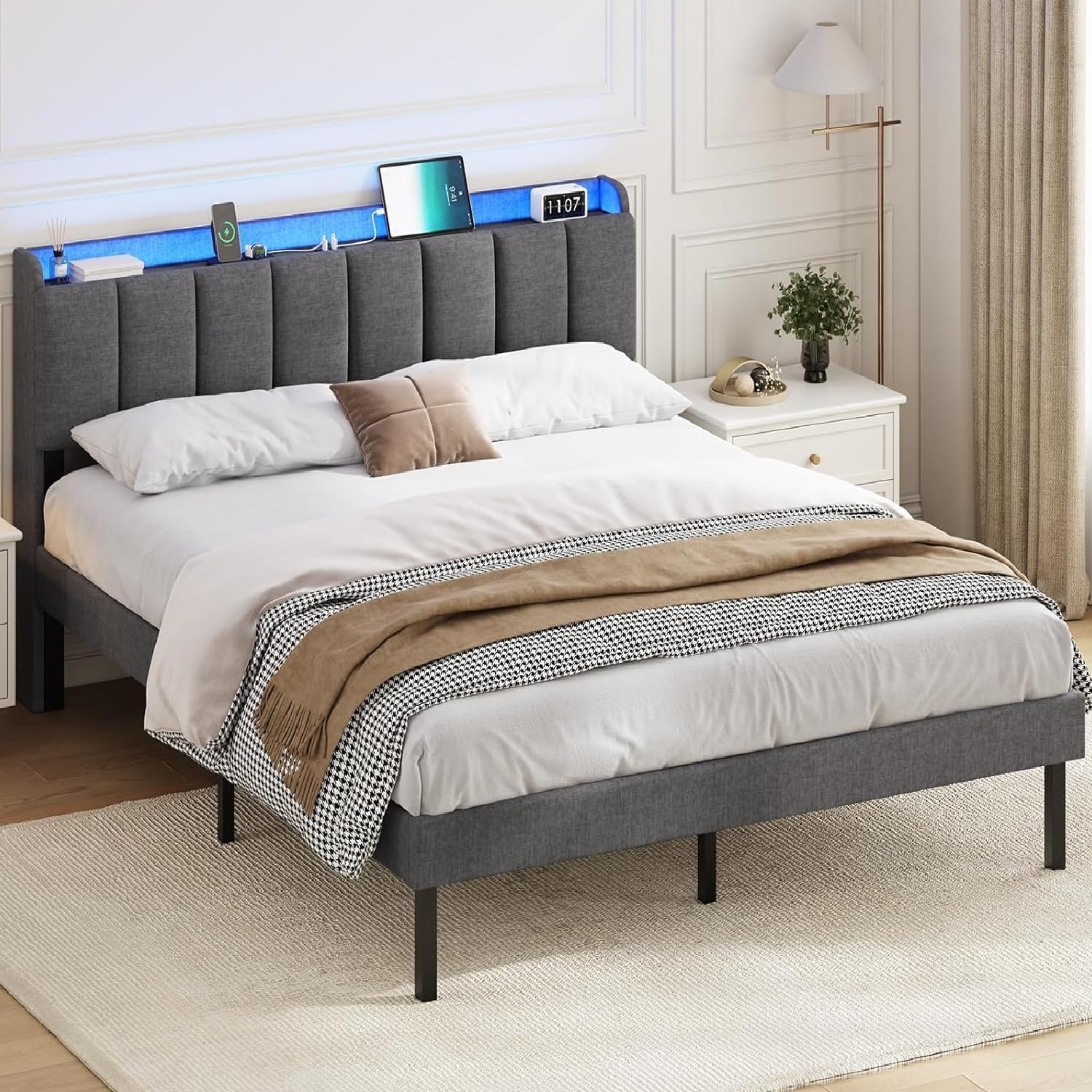 Lit Double Santa 180x200 Cm Avec Tables De Chevet Intégrées - Bois Et Noir, Sommier Lattes Inclus, Tête De Lit