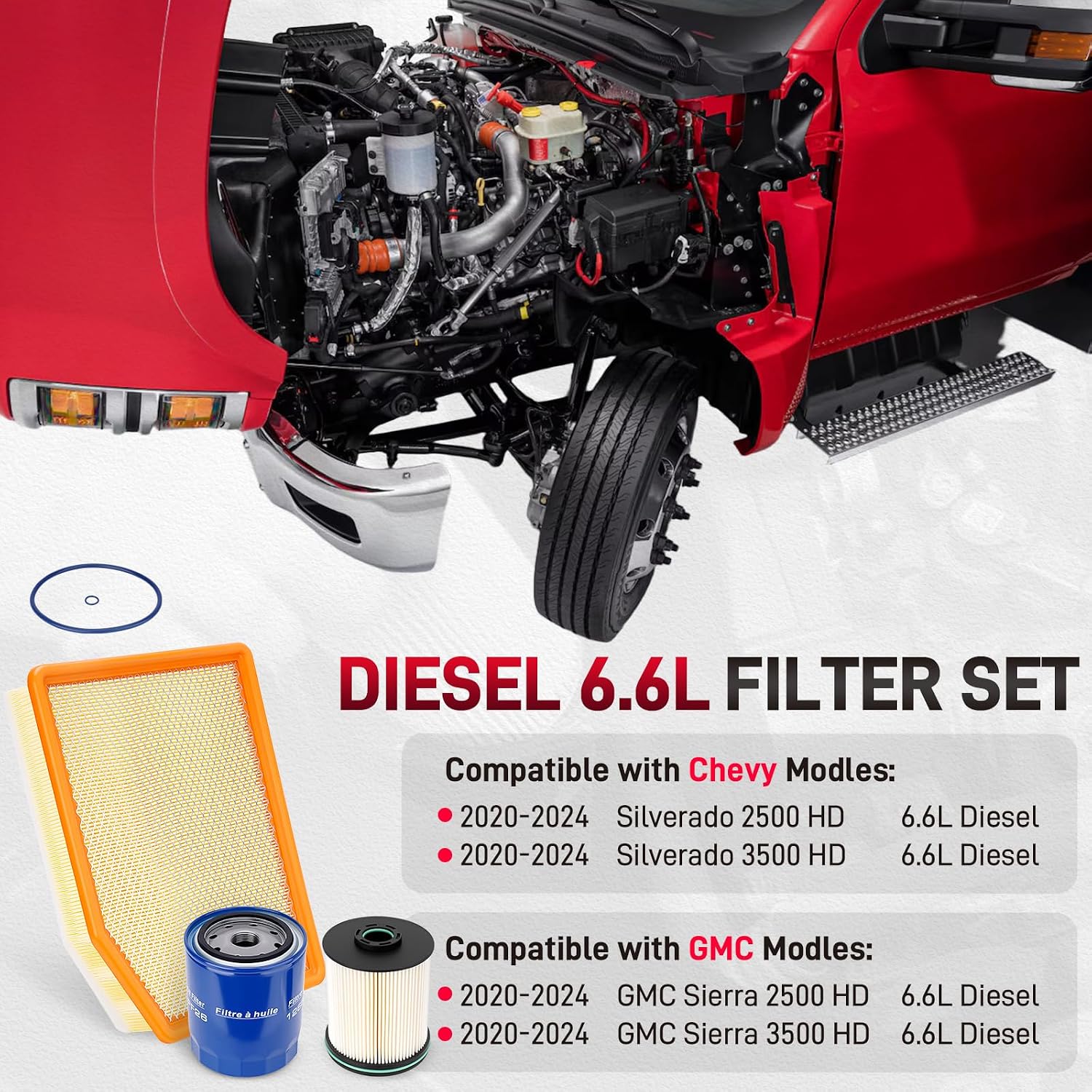 Diesel 6.6L Filter Set Compatible with 2020-2024 Chevy Silverado 2500HD 3500HD 2020-2024 GMC Sierra 2500HD 3500HD, Duramax Filter Air Filter Oil Filter Fuel Filter Replace#TP1015 PF26 A3248C 84554703