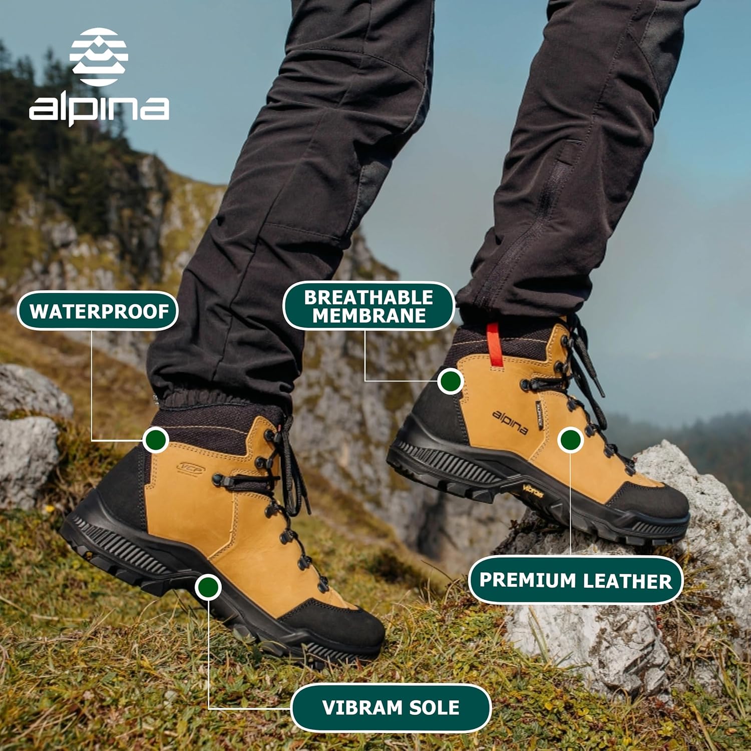Alpina STADOR Premium Hiking Boots | 7 Inch Ankle High | Waterproof Outdoor Trekking Shoes with Breathable Membrane | Vibram - All Weather Grip - Slip Resistant Sole | Made in Europe