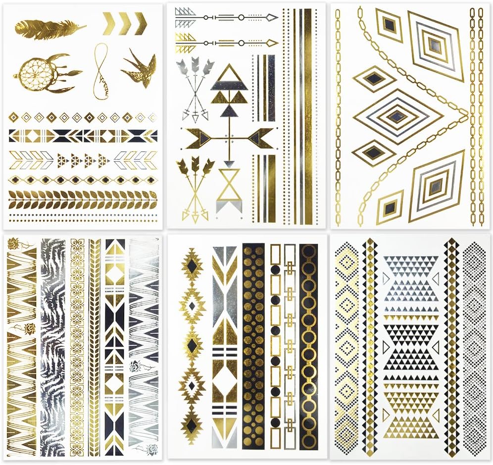 Hakuna 6 Sheets Metallic Temporary Tattoos - Jewelry Patterns in Flash Gold/Silver