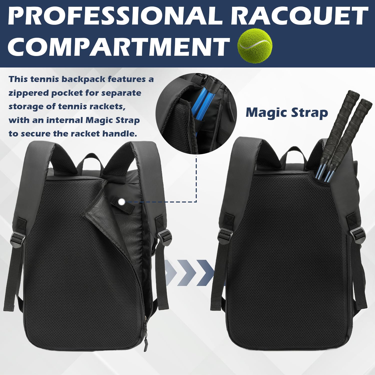 Tennistasche für Herren Damen Tennisrucksack mit Schuhfach ultra leichter Tennis Schlägertasche Padel Tasche für Badminton Pickleball Squash (Schwarz)