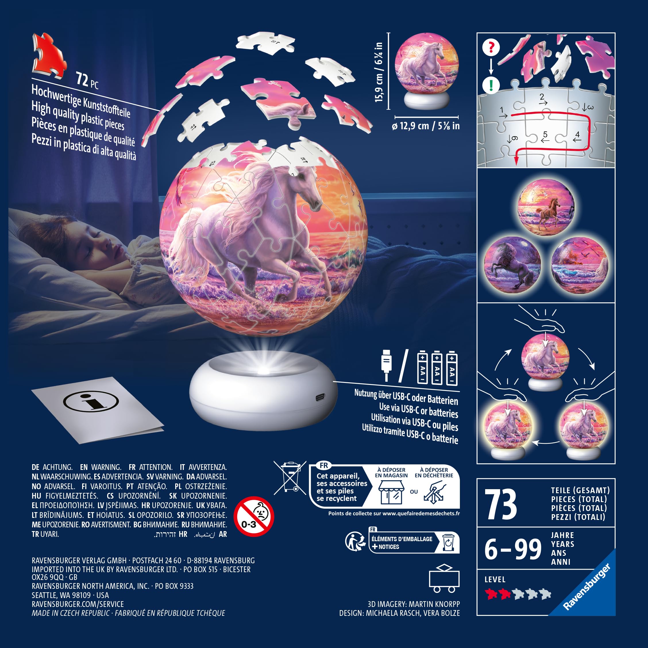 Ravensburger 3D Puzzle Pferde am Strand - 3D Puzzle Kinder ab 6 Jahren - Puzzle-Ball mit LED Nachtlicht als Nachttischlampe für Kinder - Pferde Geschenke für Mädchen und Jungen - 12008054
