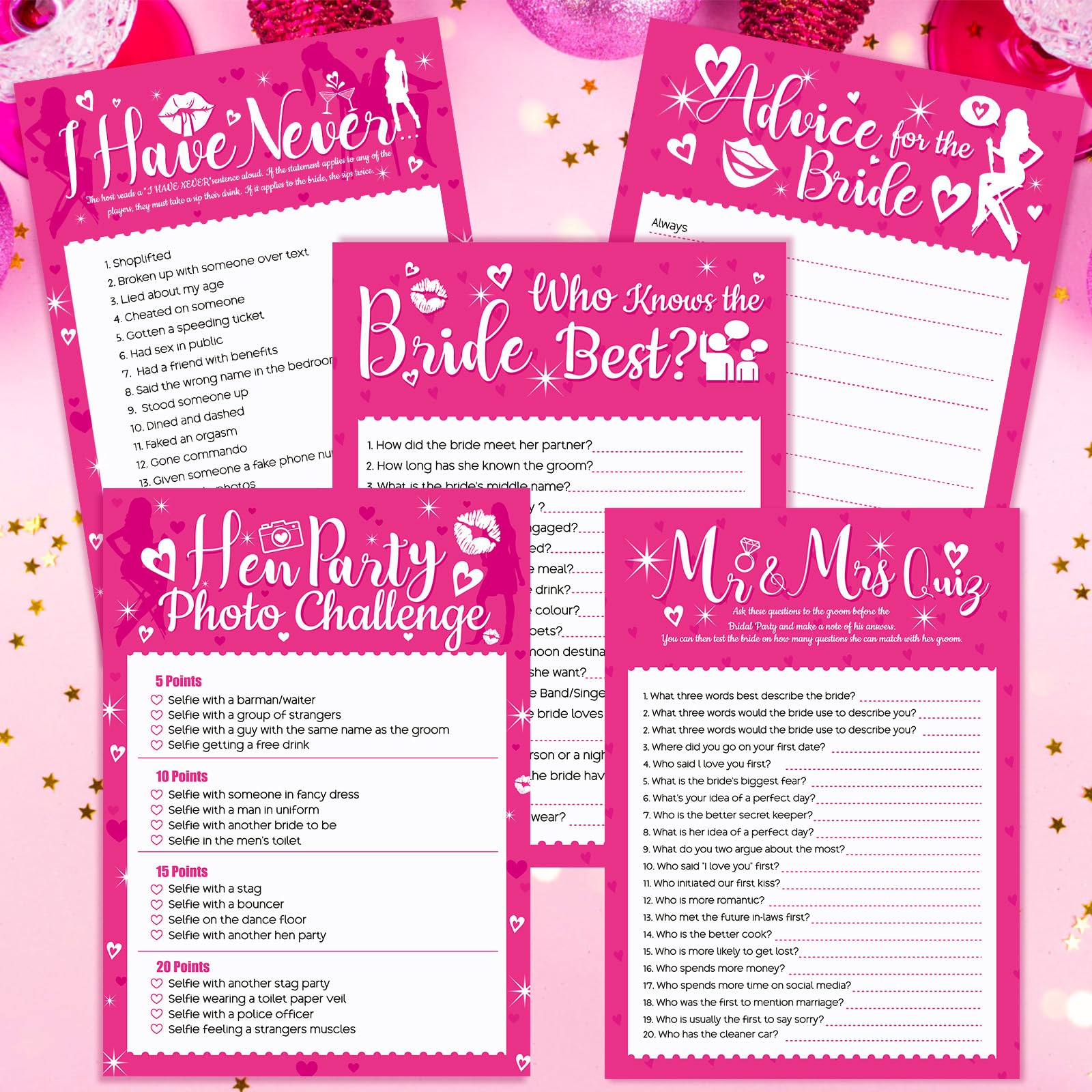 HOWAF 41 Hen Party Games, Includes 5 Games, Advice for the Bride Cards Who Knows The Bride Best, Mr & Mrs, I Have Never