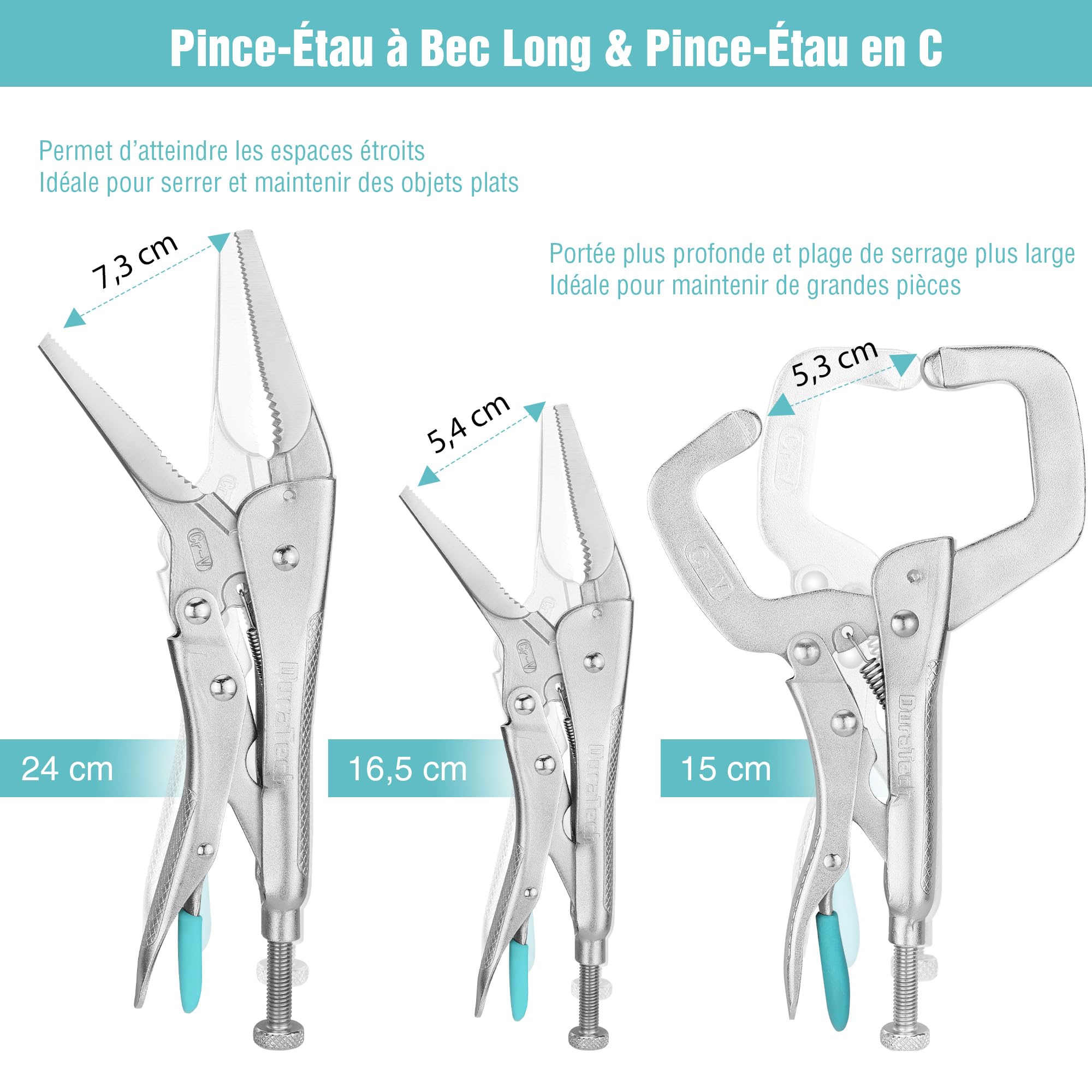 DURATECH Jeu de 6 Pinces-Étaux avec 2 Becs Longs de 16,5 cm et 24 cm, 3 Mâchoires Courbes de 12,7 cm, 17,8 cm et 25,4 cm et 1 C-clamp de 15 cm, Étui Roulable Pratique pour Bricolage et Réparation