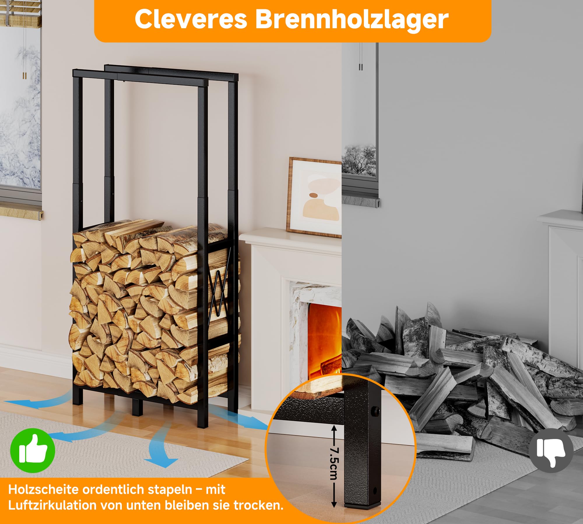 HFHOME Kaminholzregal Höhen- und Längen Verstellbar für Innen & Außen, Metall Brennholzregal für Brennholz Aufbewahrung mit Rutschfester Matte, Holzregal Max. 75 x 25 x 170cm