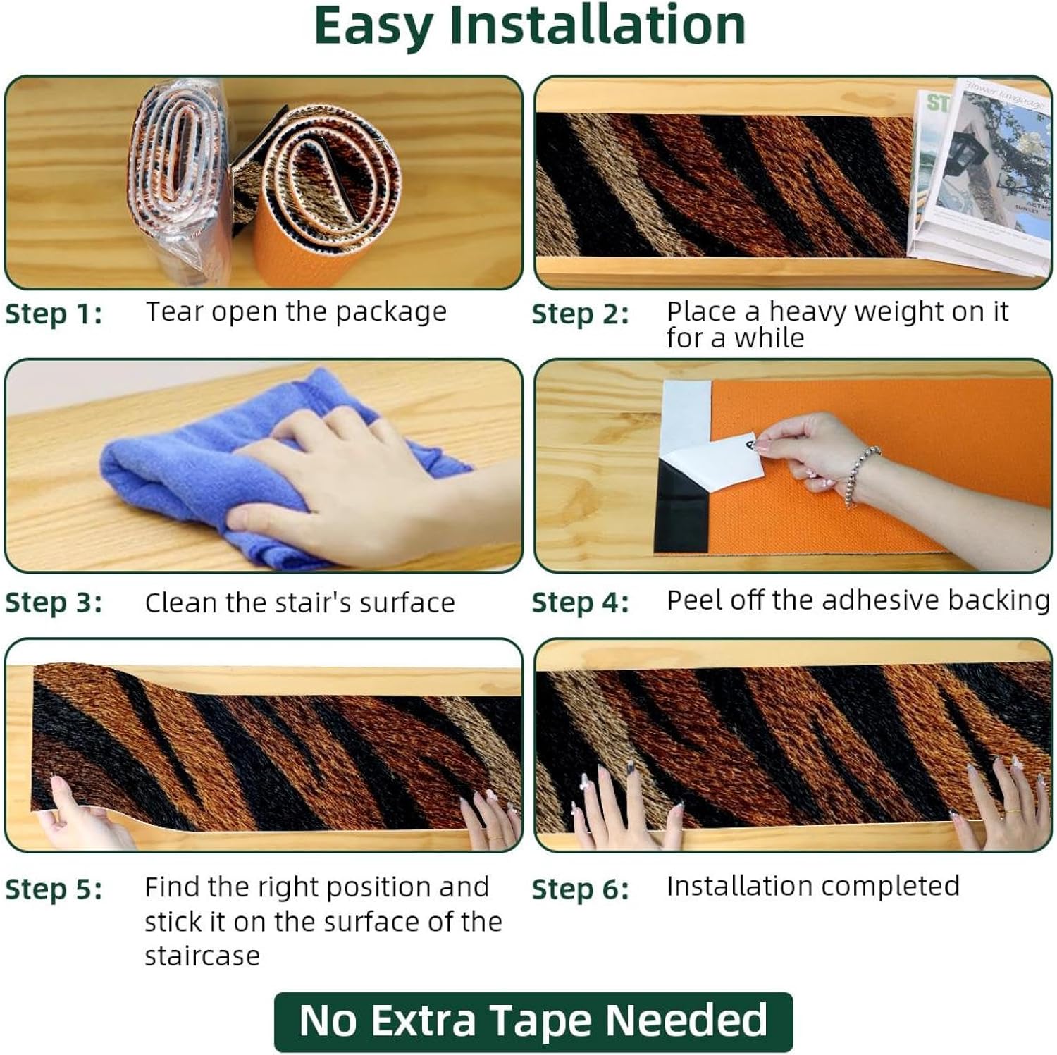 Tiger Leopard (1) Carpet Stair Treads for Wooden Steps Indoor, 15 Pack Slip Resistant Stair Rug Staircase Step Treads Pads for Pet, Kids and Elderly