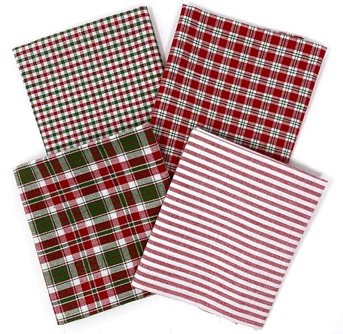 Juego de 4 cuartos gruesos, Merry & Bright Red Green Christmas Assorted Plaid Gingham Homespun Cotton Bundle by JCS