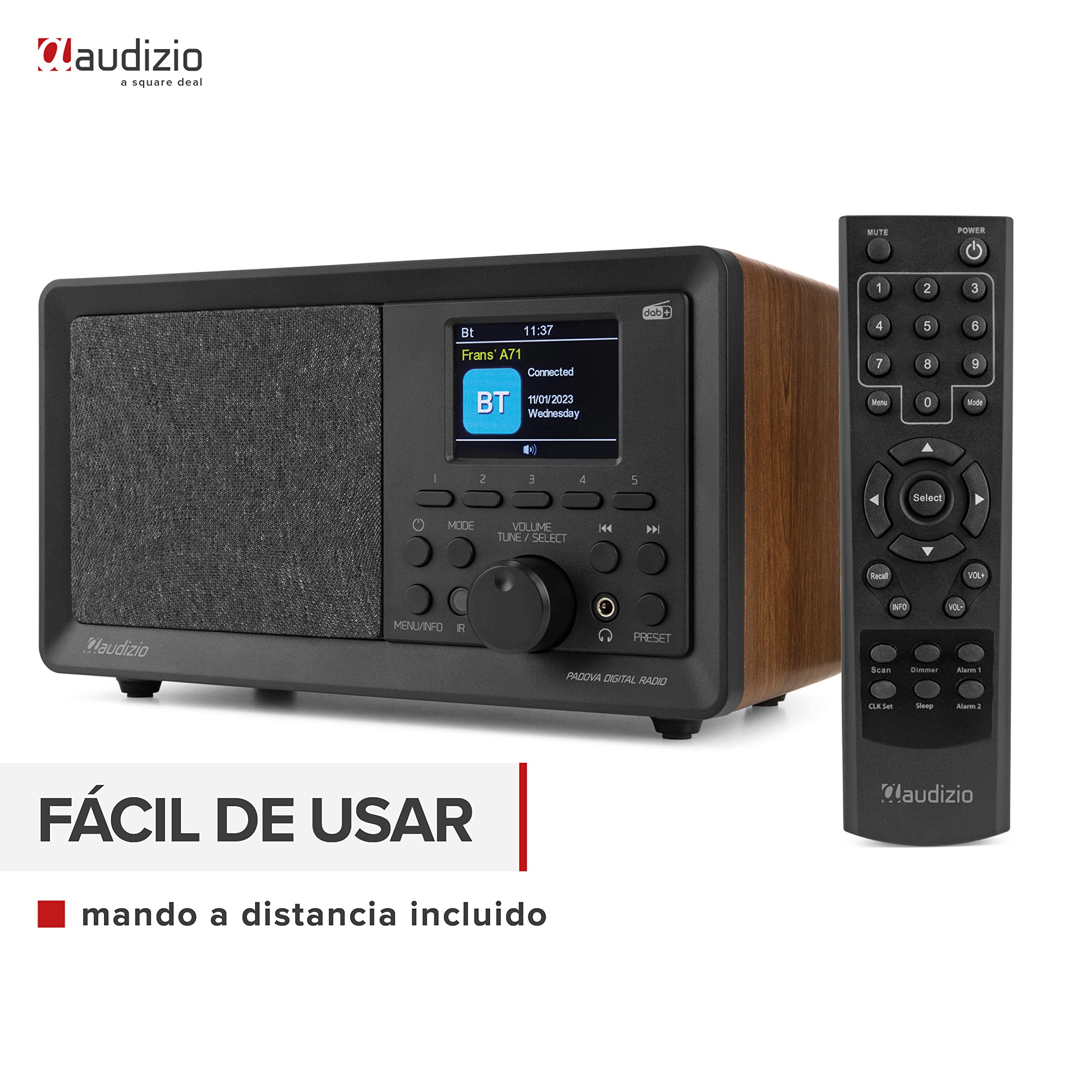 Audizio Padova, Radio compacta Retro Dab+ con Receptor FM, 40 W, Bluetooth para Streaming y Reproductor USB/MP3, DSP, Reloj Despertador, Temporizador de Apagado, Mando a Distancia - Marrón Madera