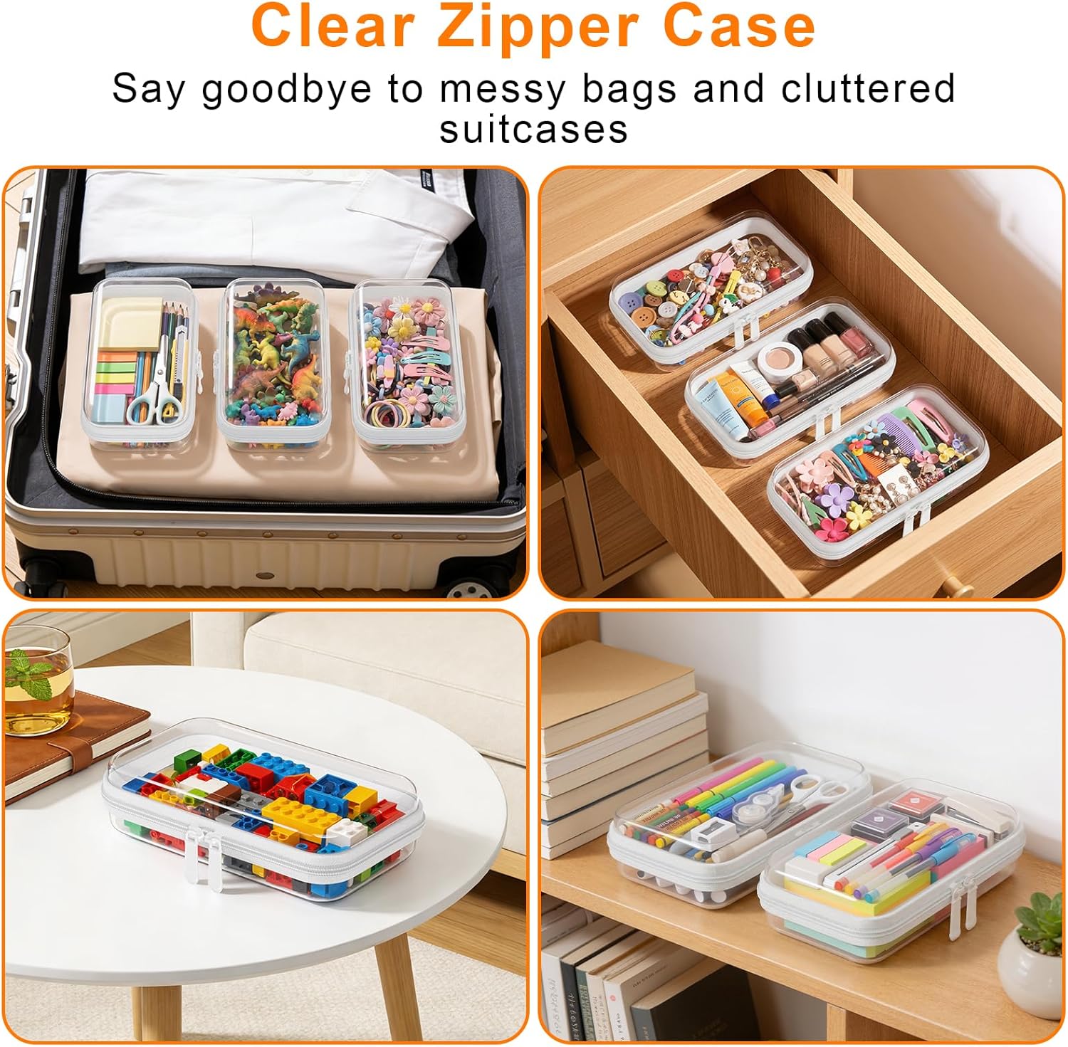 3PCS Clear Hard Shell Zipper Case,Toy Organizers and Storage Box,Clear Toiletry Cosmetic Case,Travel Makeup Bags, Diaper Bag Organizer,Pencil Case,Stackable Portable Transparent Zipper Pouches White-S - Image 2
