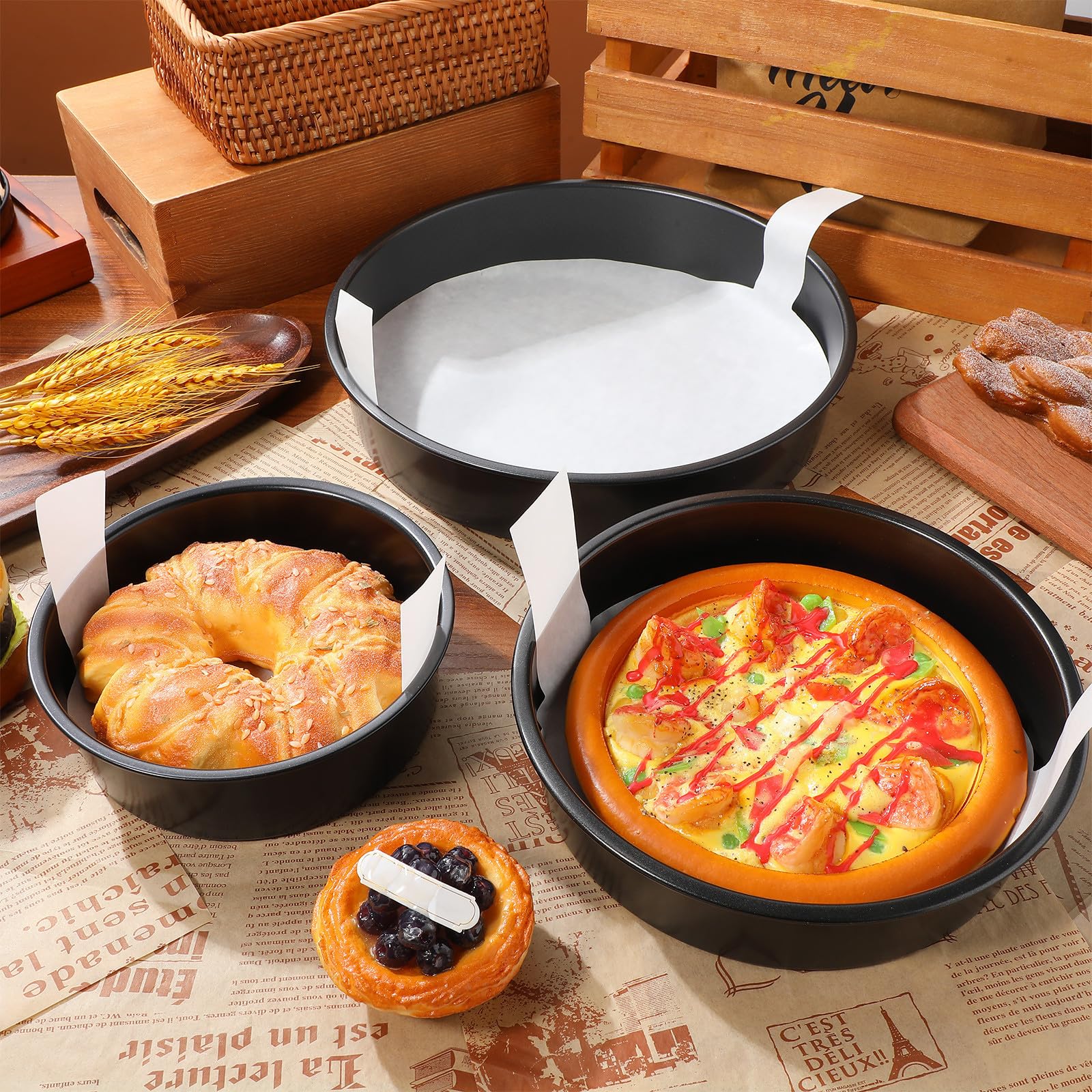 Zerodeko 3 Moldes Redondos para Hornear Pasteles de Acero al Carbono con Papel de Pergamino, Antiadherentes y Fáciles de Usar para Diversas Situaciones de Repostería