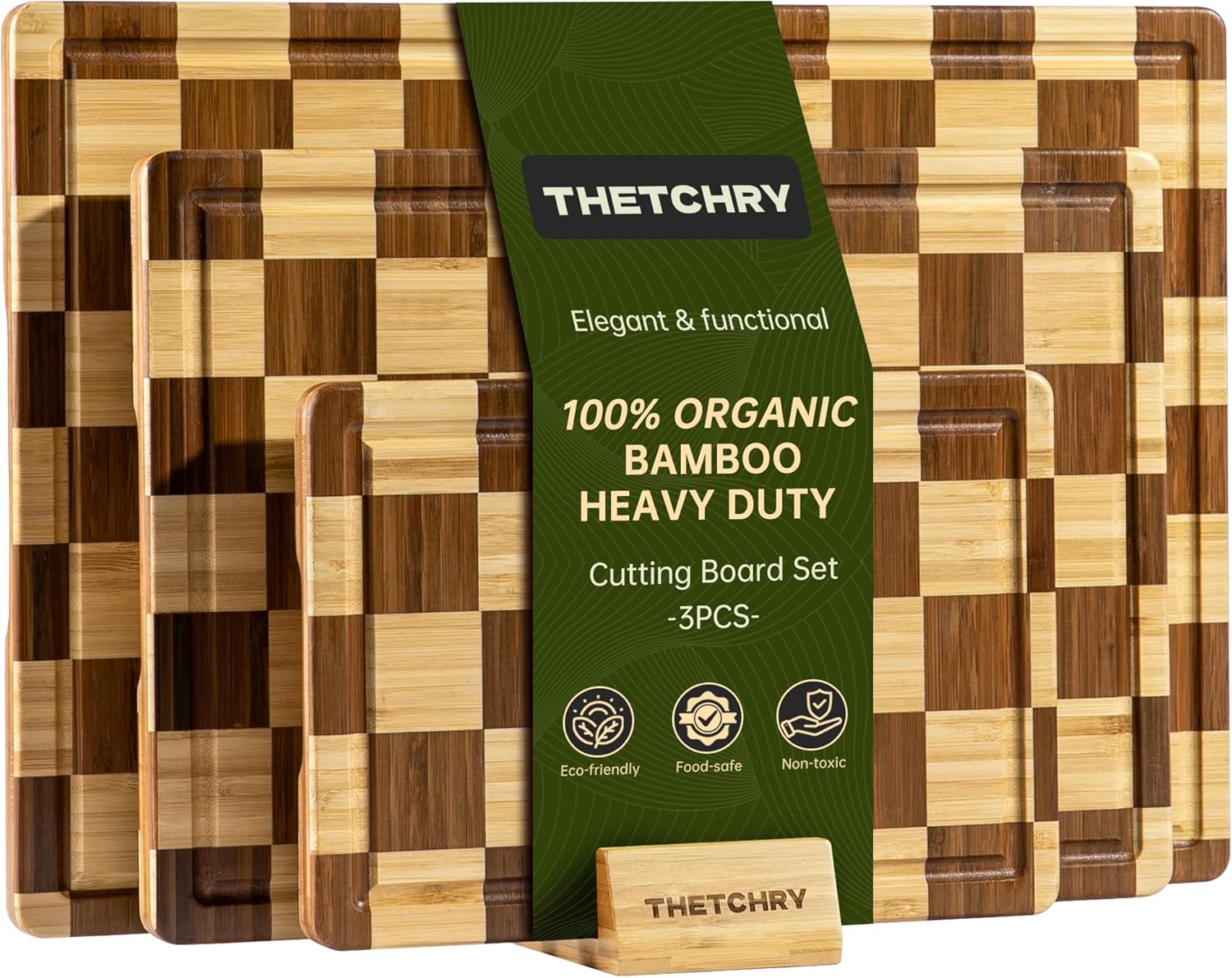 3 Pack Checkered Bamboo Cutting Board Set, Decorative End Grain Thick Wood Cutting Board, Crack-Resistant, Heavy Duty Non-slip Chopping Boards, Aesthetic Serving Trays for Home Decor, Gift