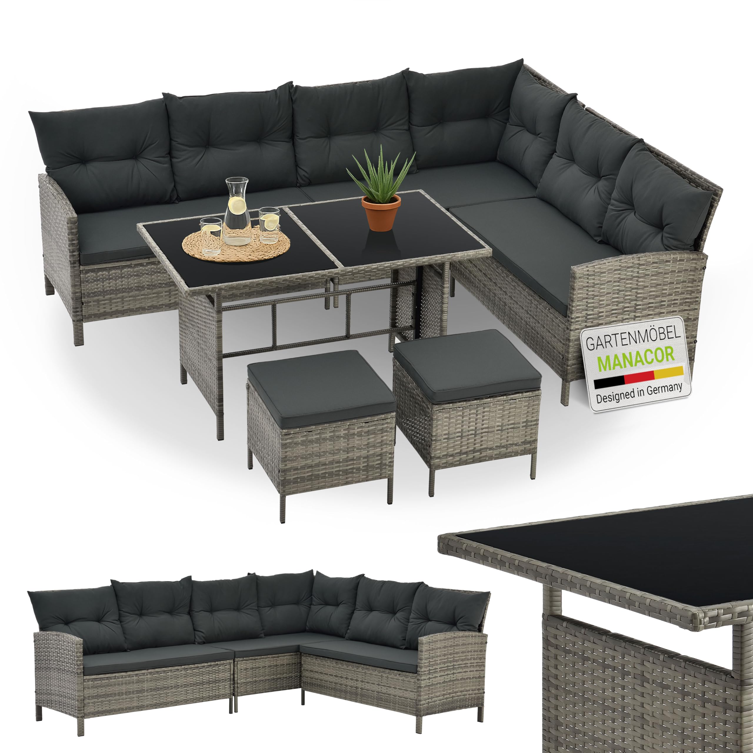 Juskys Polyrattan Lounge Manacor – Ecksofa, Esstisch, 2 Hocker & Kissen (Grau-meliert)