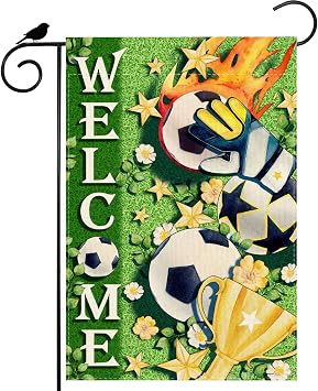 Welcome Soccer Grass Trophy Flowers World Cup Garden Flag 12x18 Inch Double Sided Small Mini Yard Flag Outdoor Outside for Holiday Game Day Soccer Party Decoration