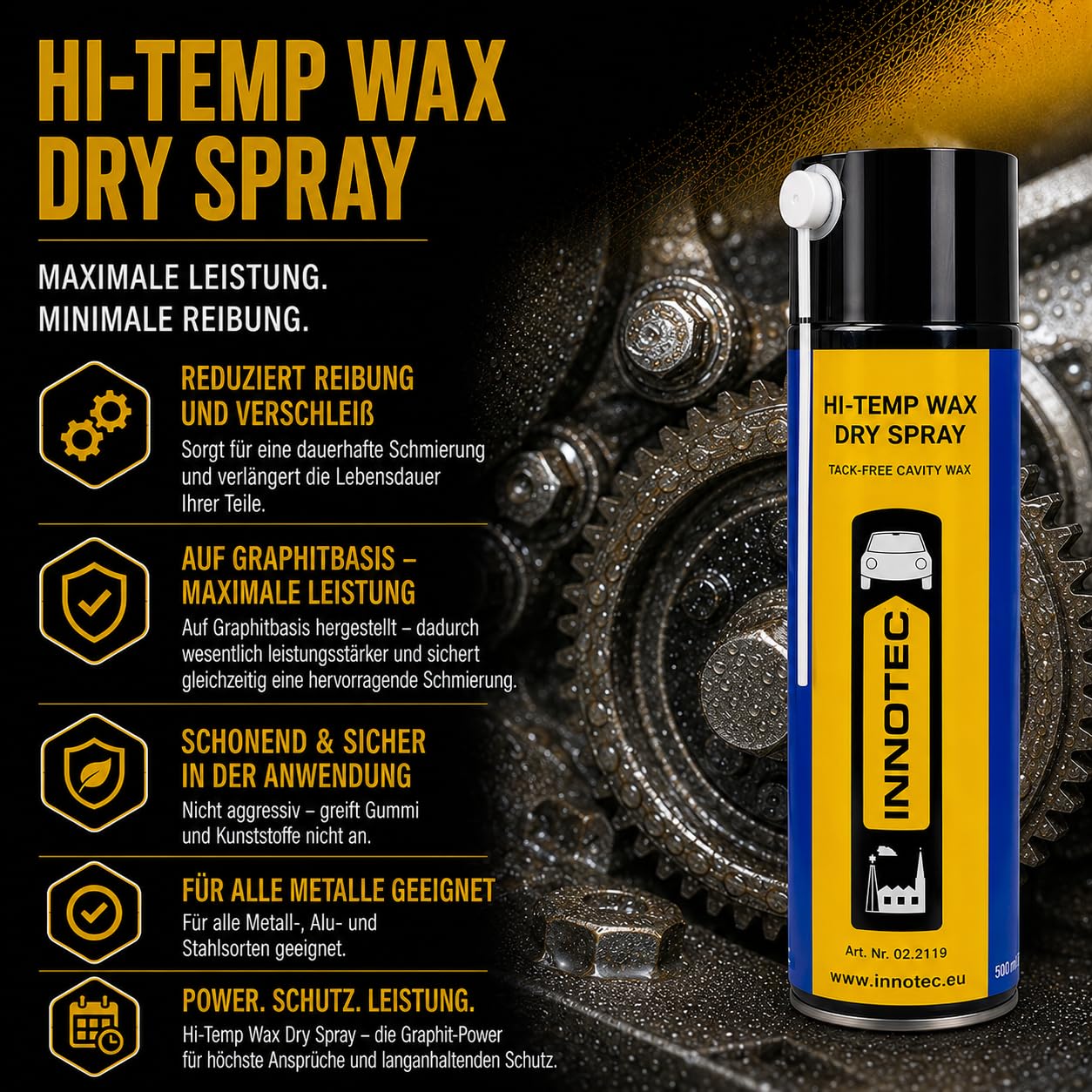 2 Stück Innotec Hi-Temp Wax Spray Unterboden und Hohlraumschutz Fettspray Transparent - Next Level Konservierung für Automotive & Industrie - Keine Anhaftung von Schmutz und Staub - 500ml Spraydose