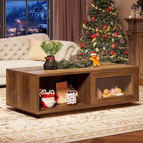 Miniatura 7 de HSH Mesa auxiliar rústica con almacenamiento, mesa de centro baja para sala de estar, mesas de centro largas rectangulares de madera, mesas