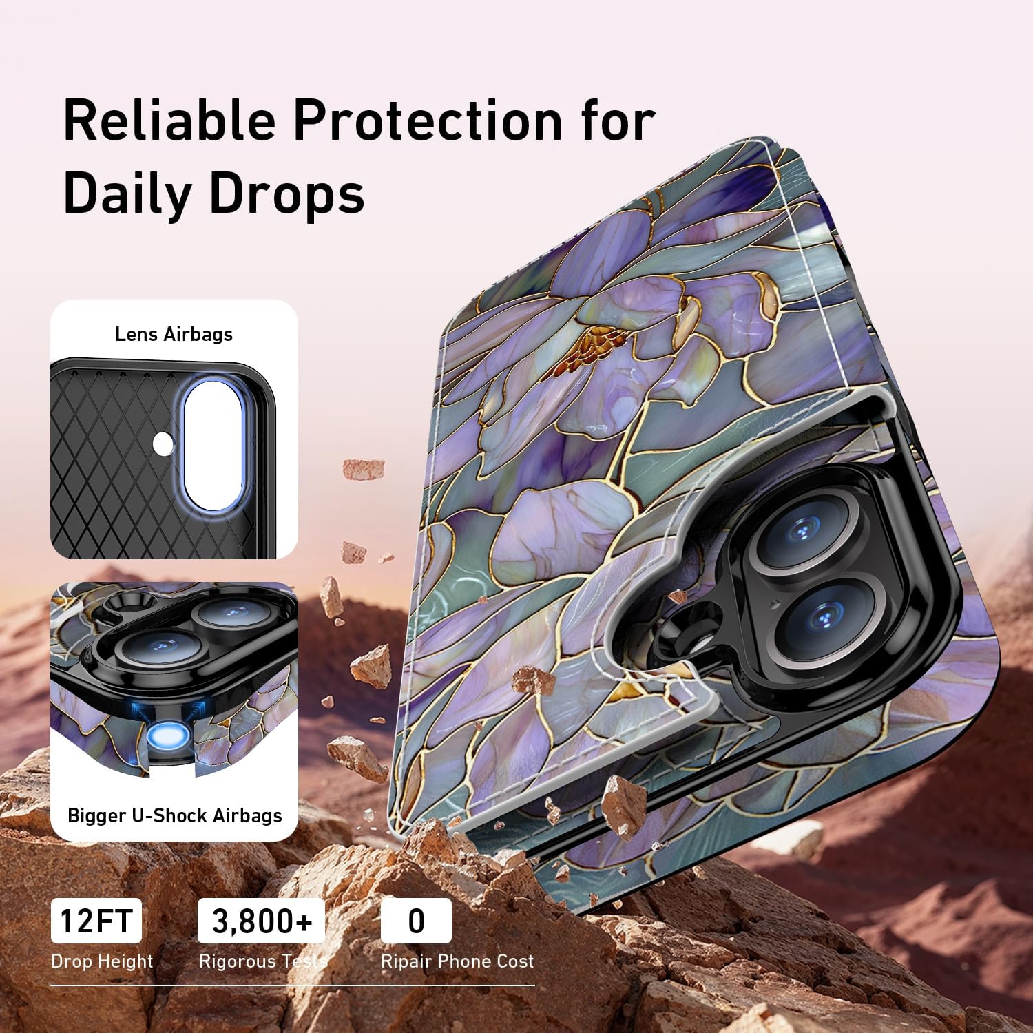 FUNMIKO for iPhone 16 Wallet Case with Card Holder, RFID-Blocking, Military-Grade Protection & UV-Printed Artwork, Magnetic Closure with Leather Kickstand - Dreamy Lotus - Image 5