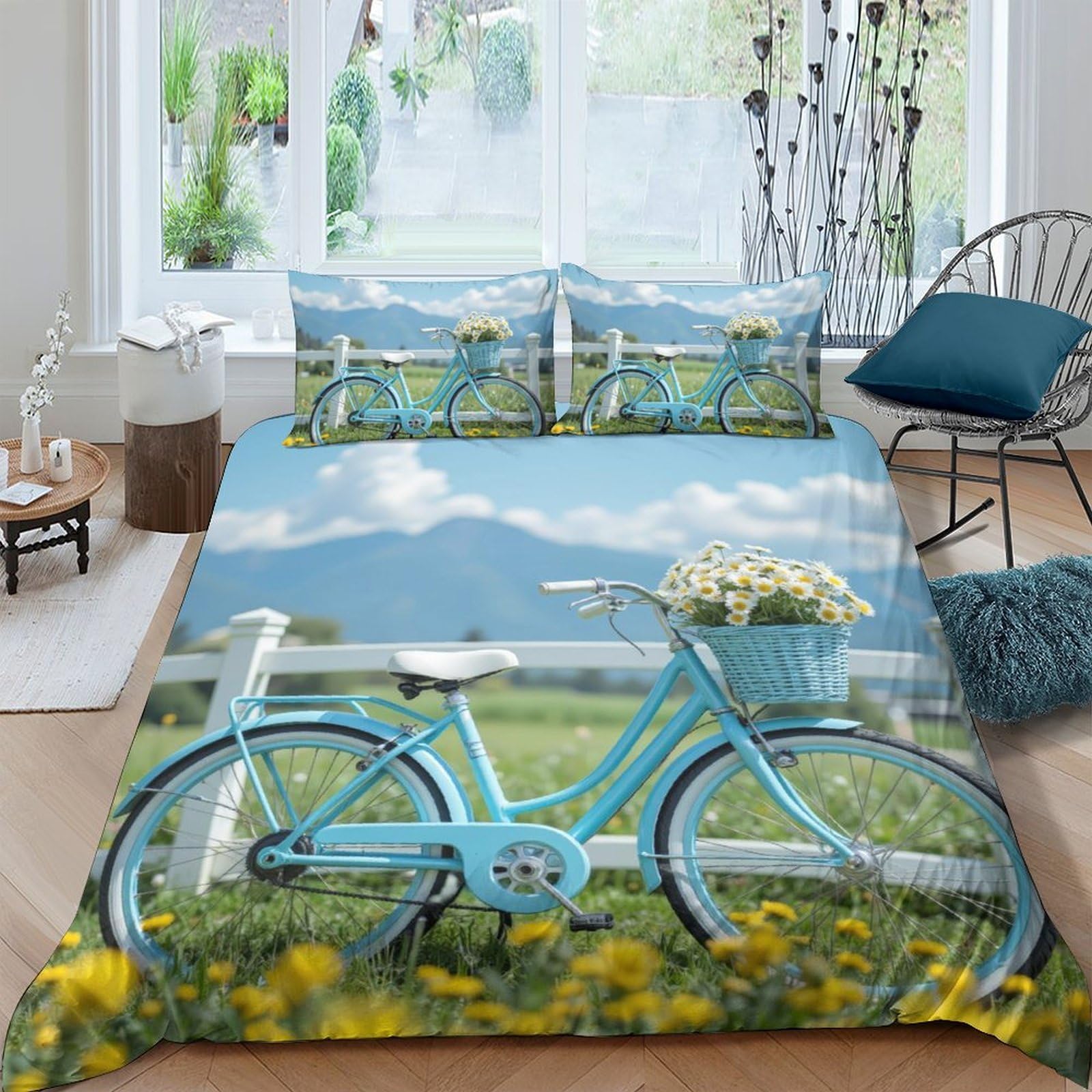 Ctjqhvkz Style-8 3D Printed Blue Bicycle Countryside Fitted Sheet Microfiber Soft Breathable Meadow Bed Cover Bedroom Decor Single（135X200cm）