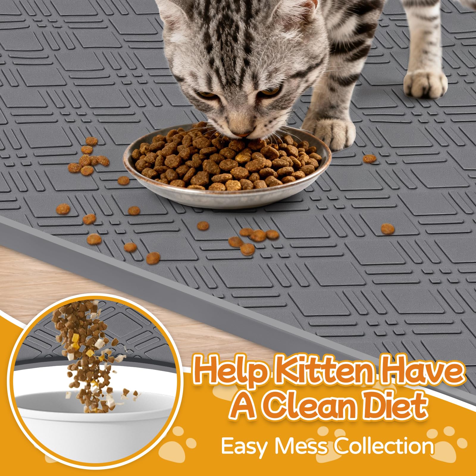 Katzenfuttermatte, 106,7 x 73,7 cm, große Silikonmatte, Katzenfuttermatte mit erhöhtem Rand, rutschfeste Futtermatte für Futter- und Wassernapf, leicht zu reinigen, Bodenschutz (Dunkelgrau)