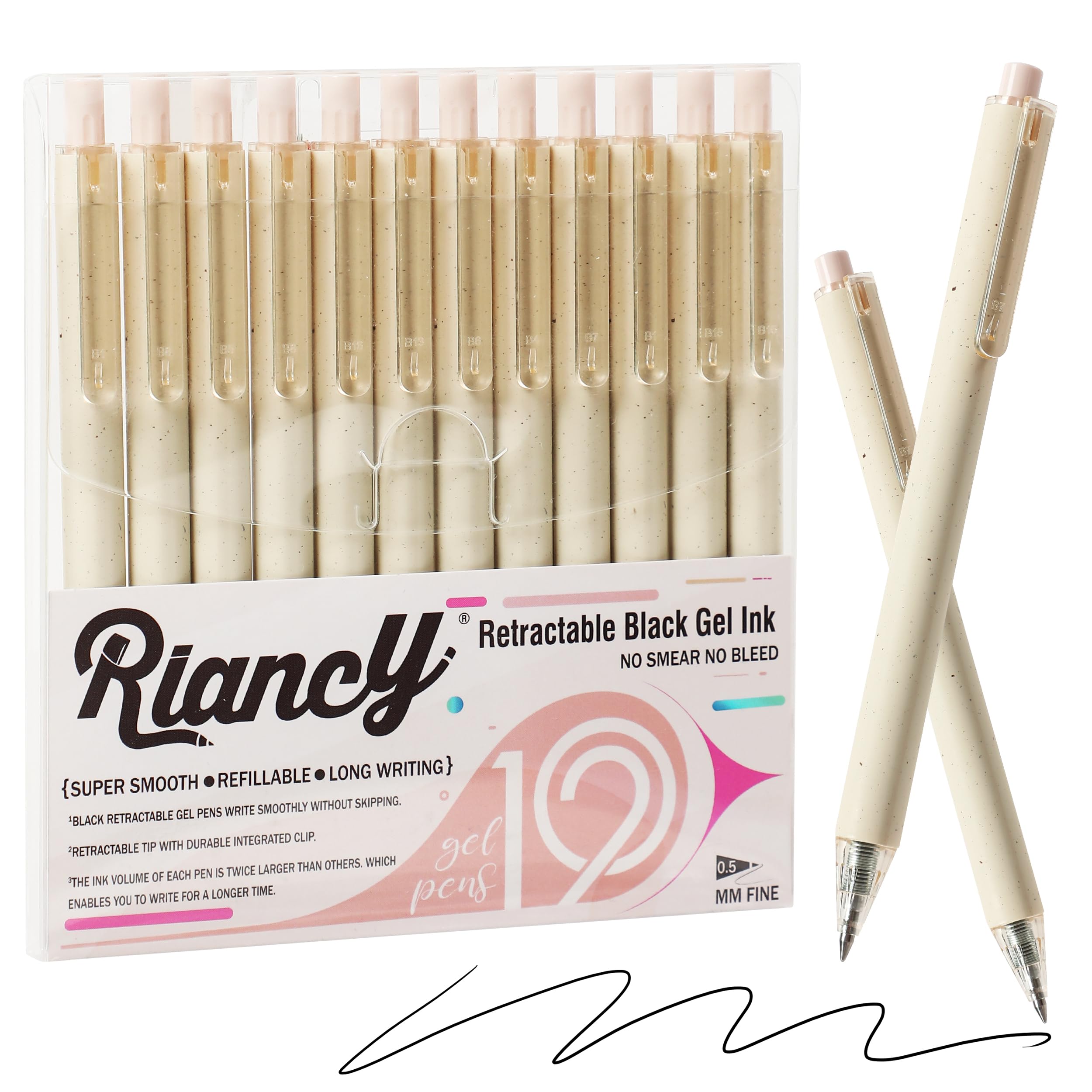 RIANCY Gel Pens for Note Taking 12PCS Black Ink Fine Point Pen Black Gel Pens Quick Dry Ink 0.5mm Smooth Writing Pen for Home Office Art Back to School Supplies (Cream)