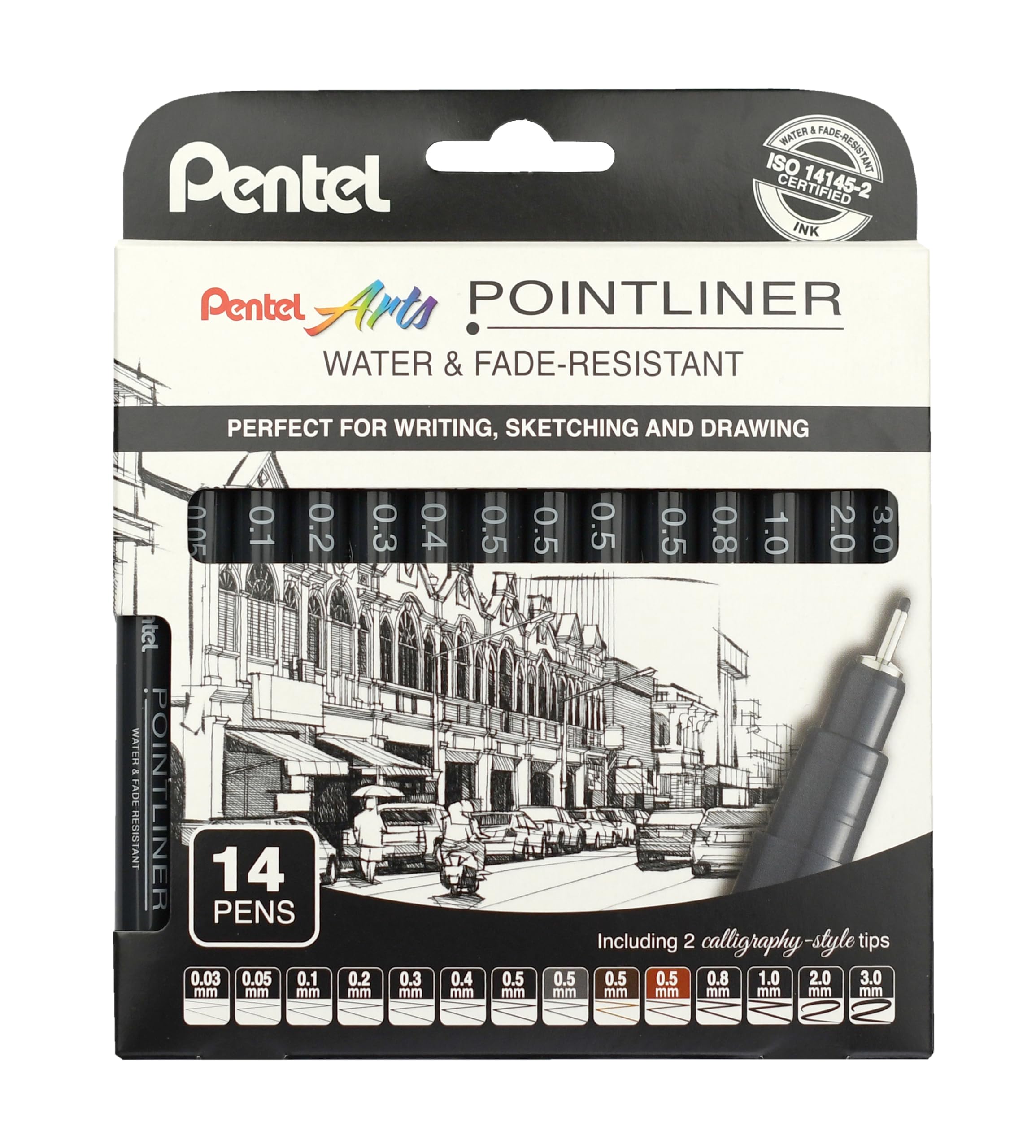 Pentel Pointliner Pigment Liner S20P - Pennarelli a punta fine, da 0,03 mm a 3,0 mm, inchiostro nero, seppia, sanguina e grigio, confezione da 14
