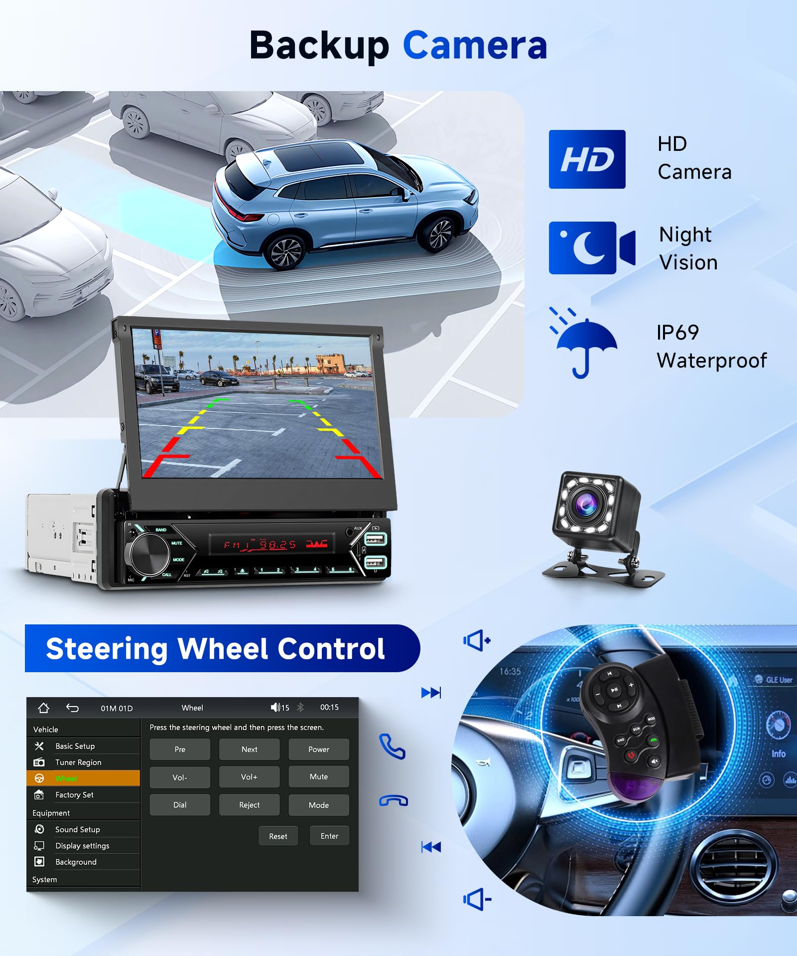Hodozzy Dab Autoradio 1 din Carplay sans Fil Android Auto avec Écran Automatique Rétractable de 7 Pouces, Poste Radio Voiture Bluetooth Ecran Tactile avec Lien Miroir/FM/USB/AUX/TF+Caméra de recul