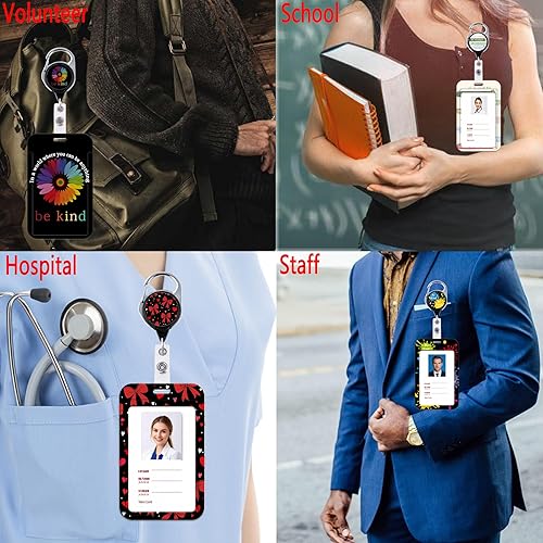 Miniatura 5 de juanooo Cordón de identificación escolar de arcoíris y clip retráctil de carrete de insignia, lindo llavero floral bohemio para tarjetas de